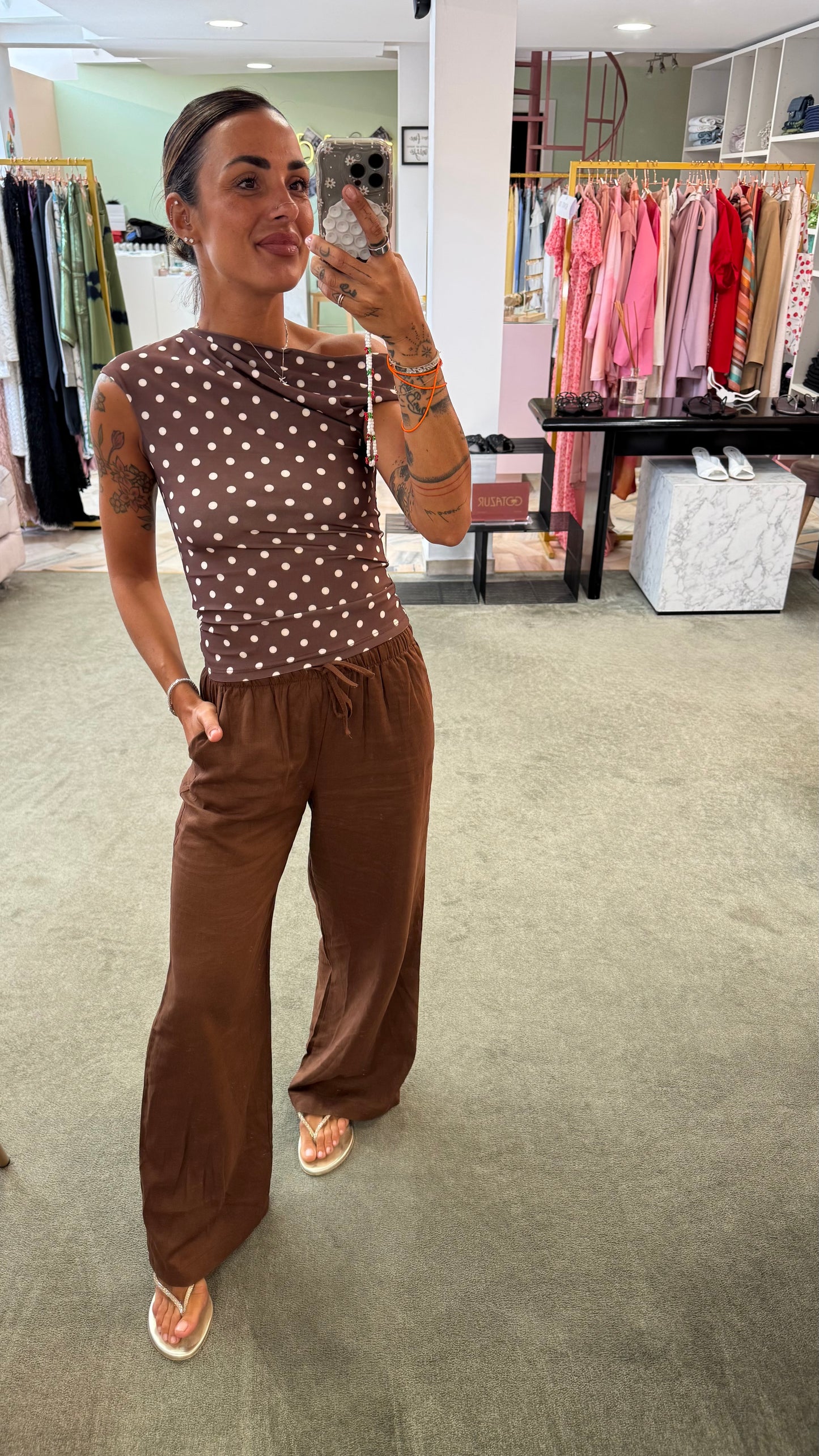 Pantaloni tabacco in lino con coulisse ep