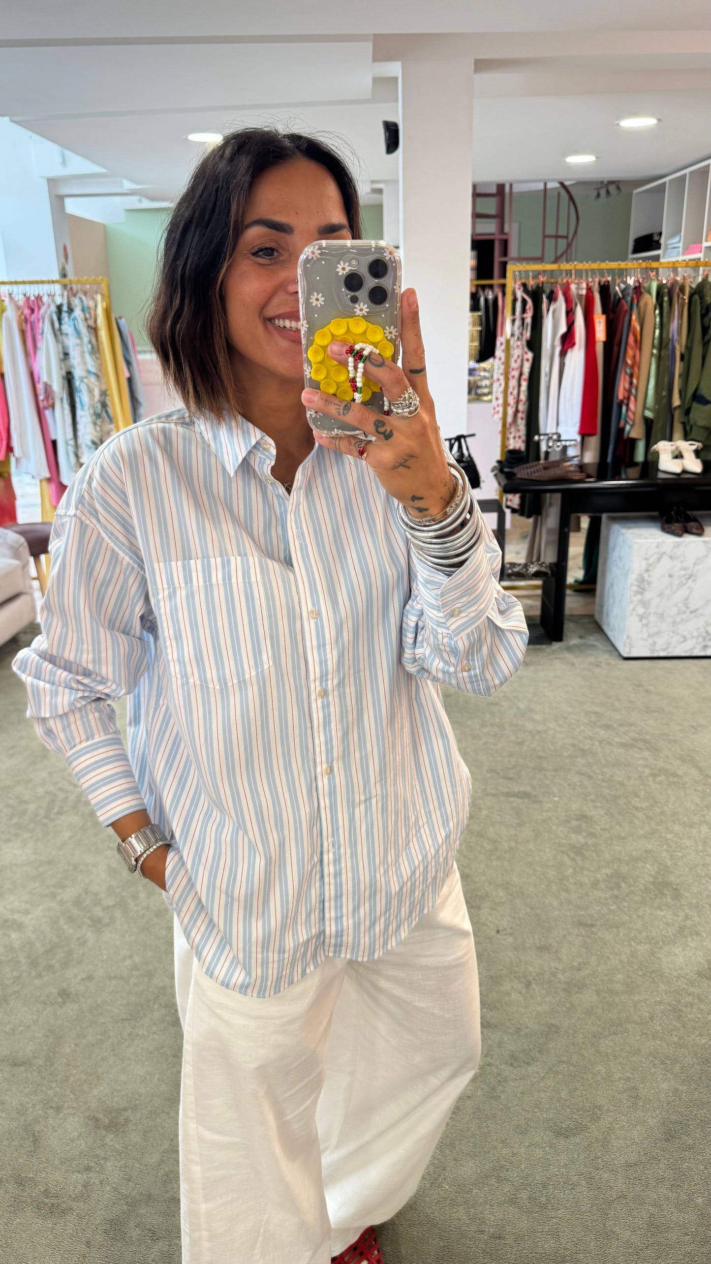 Camicia a righe bianca azzurra e rossa in cotone jx