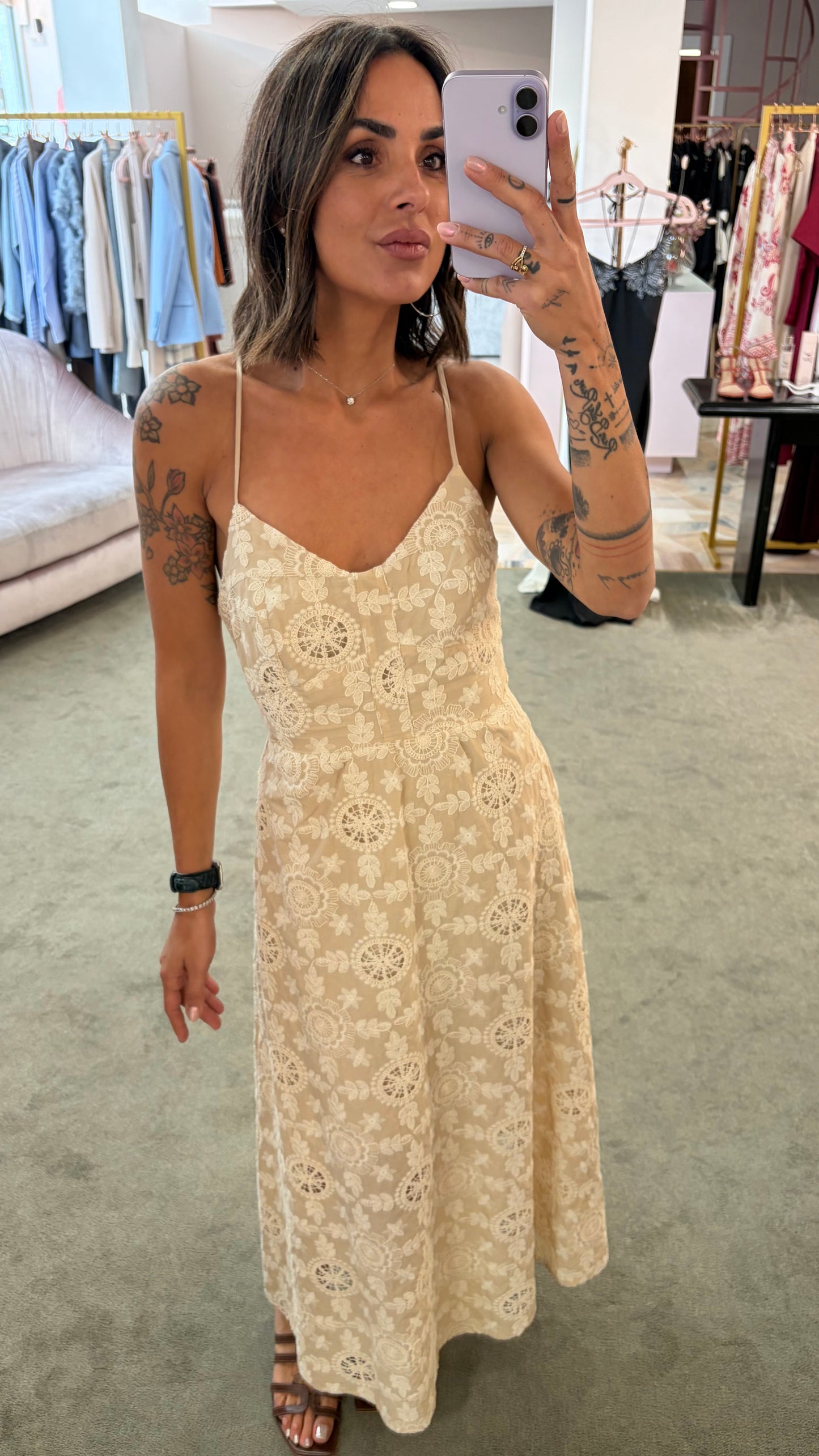 Abito midi beige macramè fr