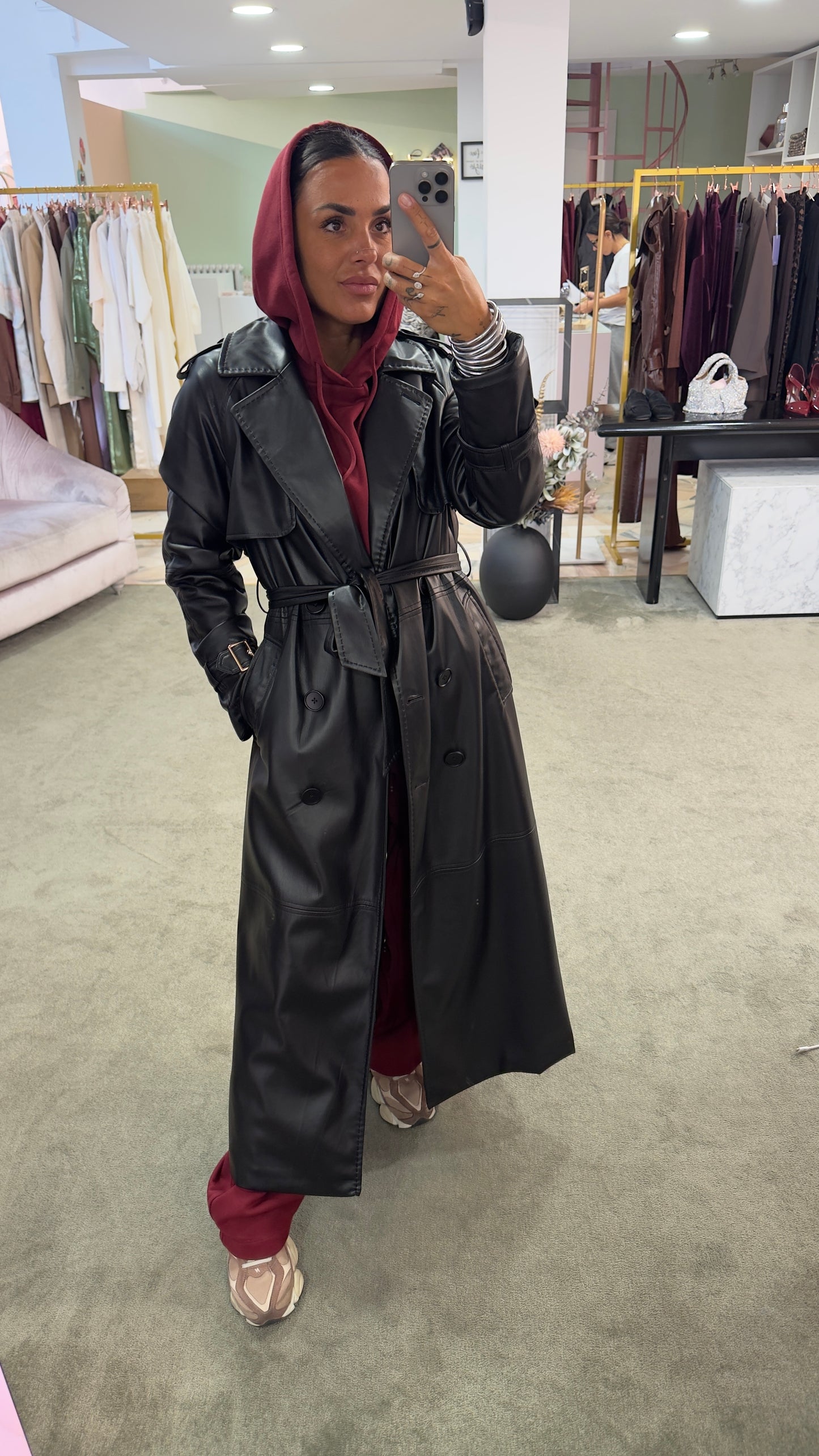 Trench nero lungo in ecopelle fr