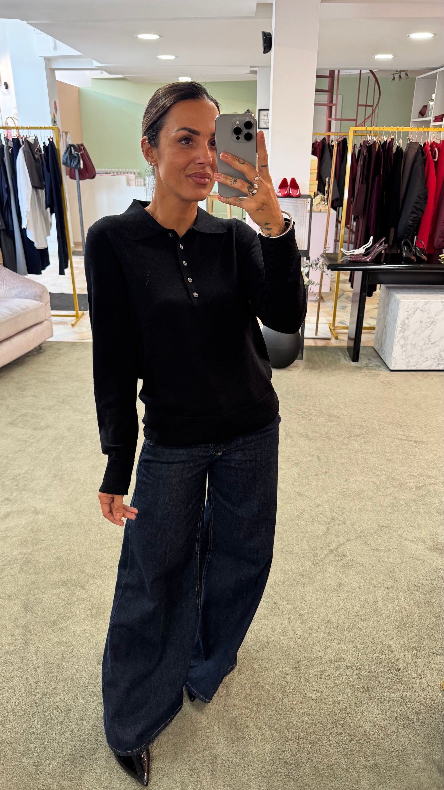 Polo nera maniche lunghe in lana sl