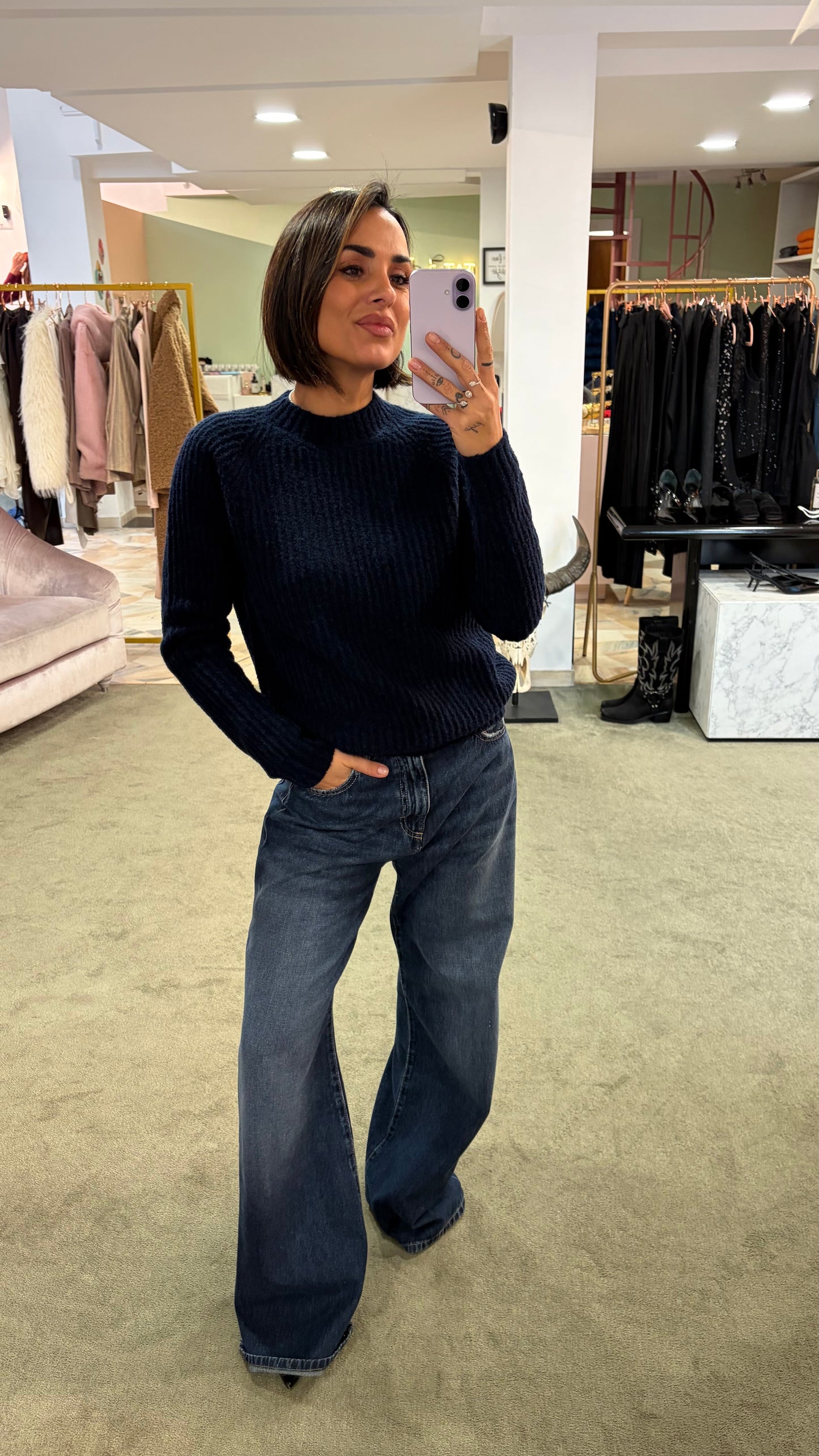 Maglione girocollo blu navy a costine Irish