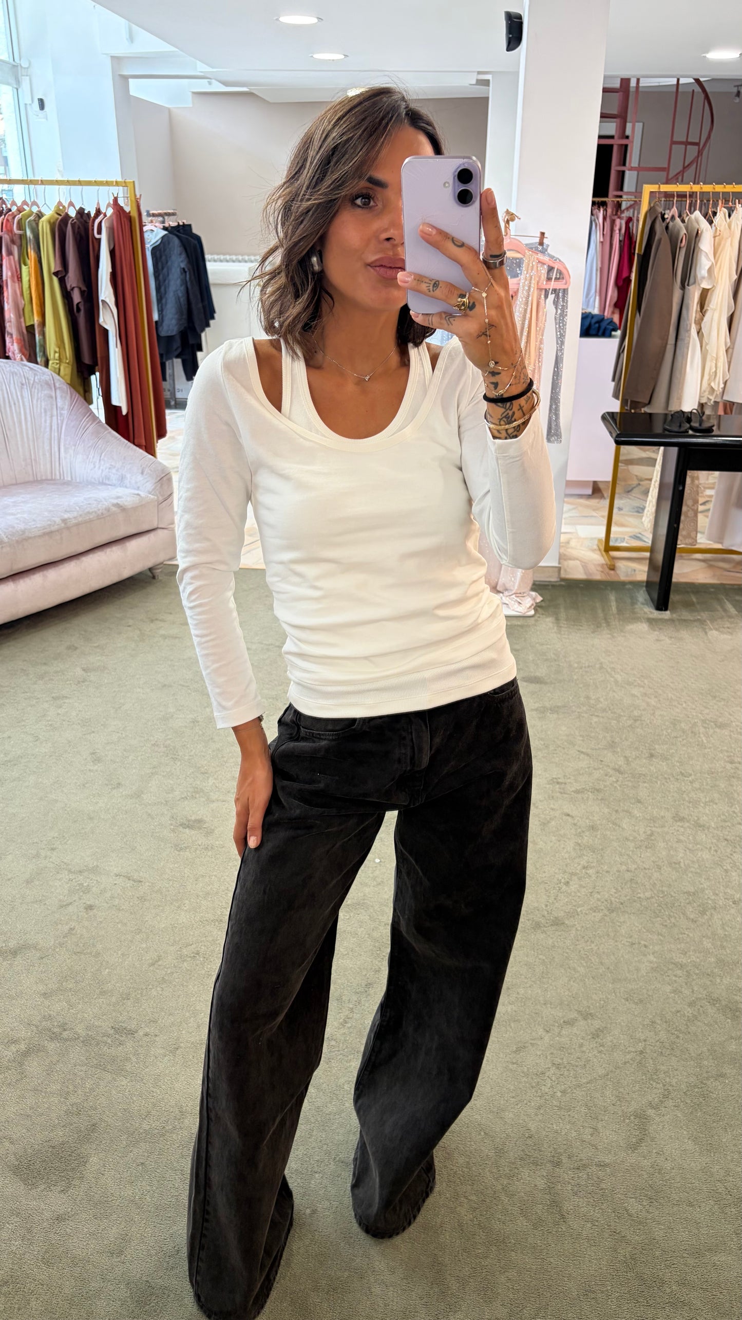T-shirt bianca manica lunga con canotta incorporata Icon Denim