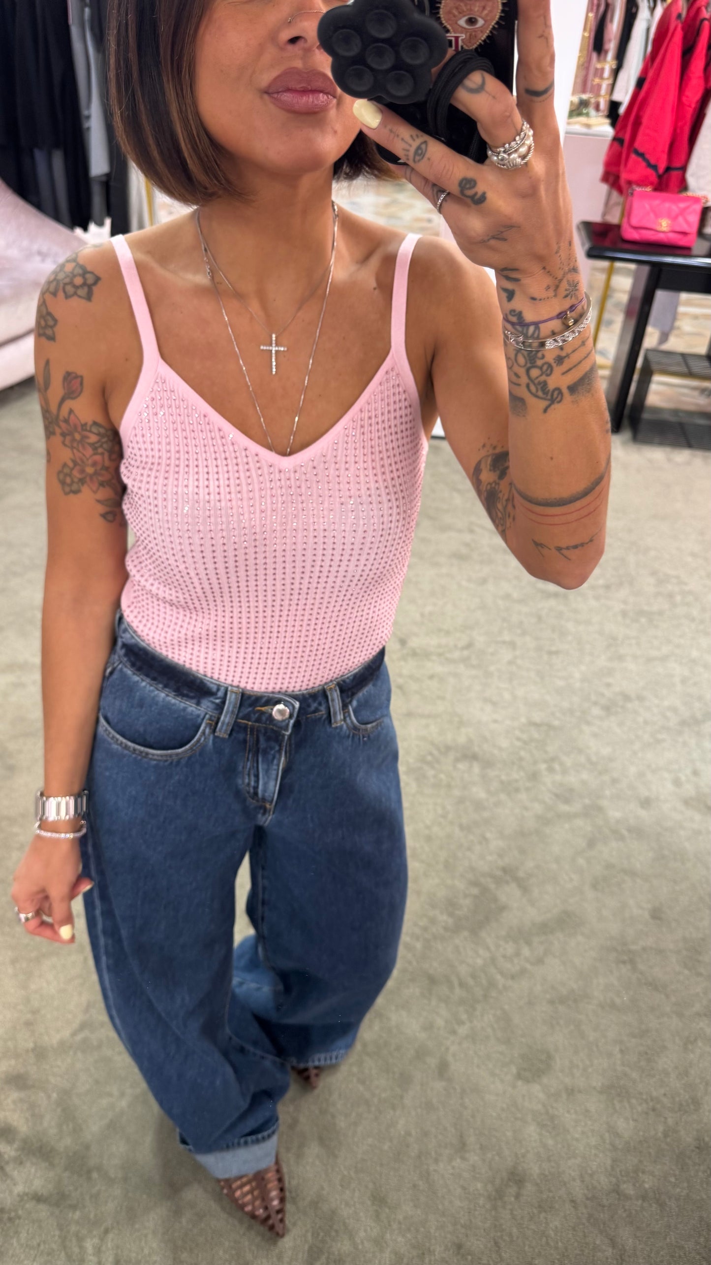 Canotta in maglia viscosa rosa spallina fine con cristalli fr