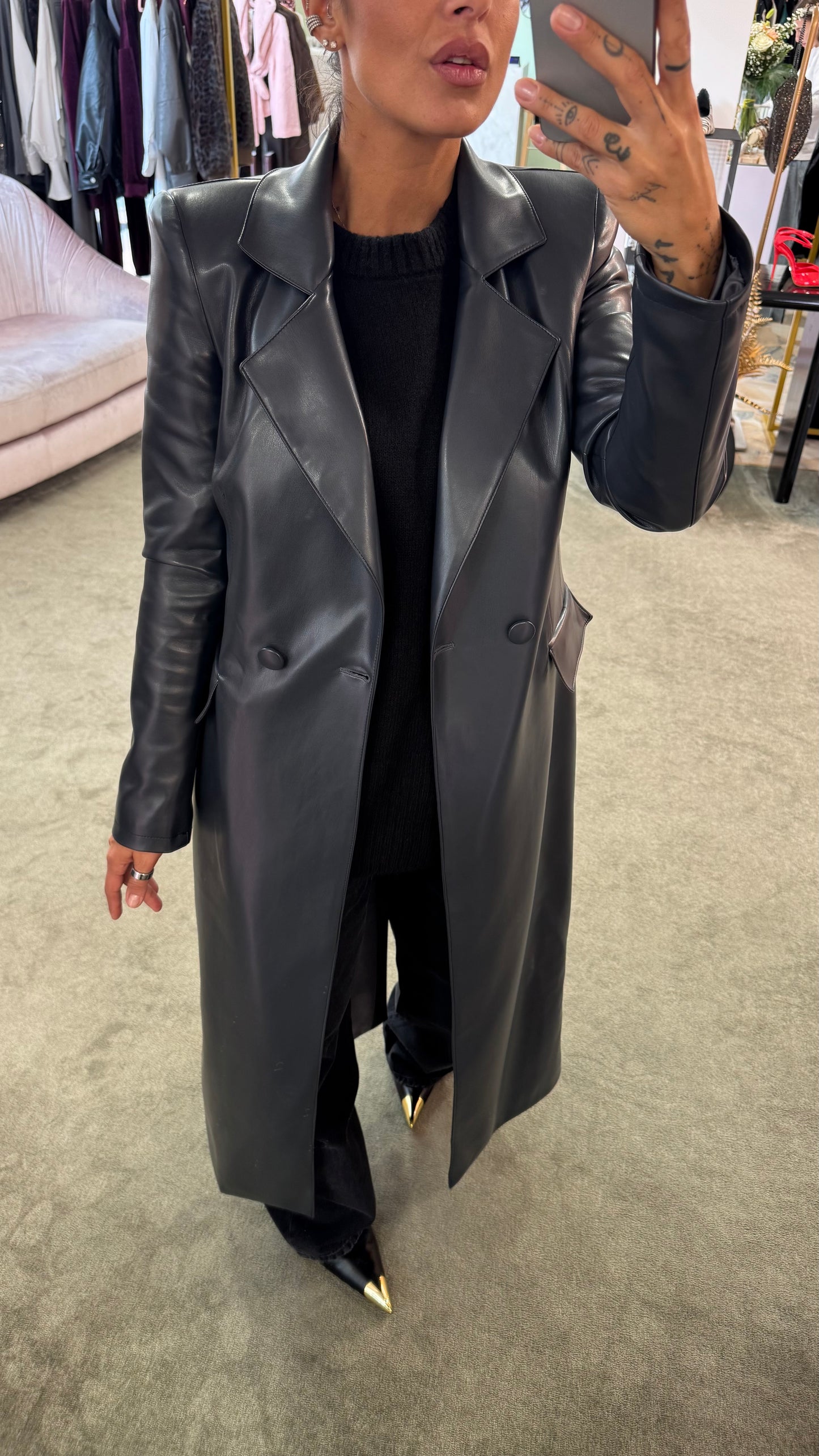 Cappotto lungo ecopelle grigio antracite ks