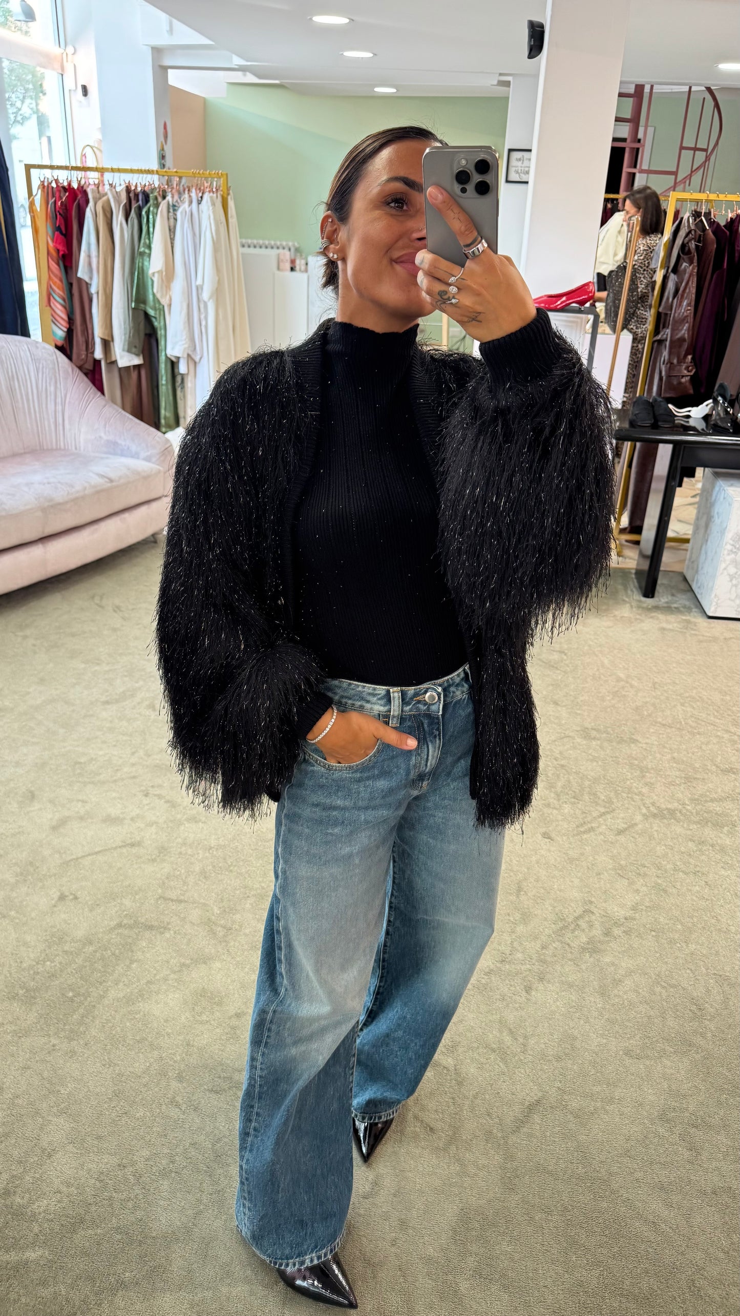 Cardigan bomber nero piume Actualee