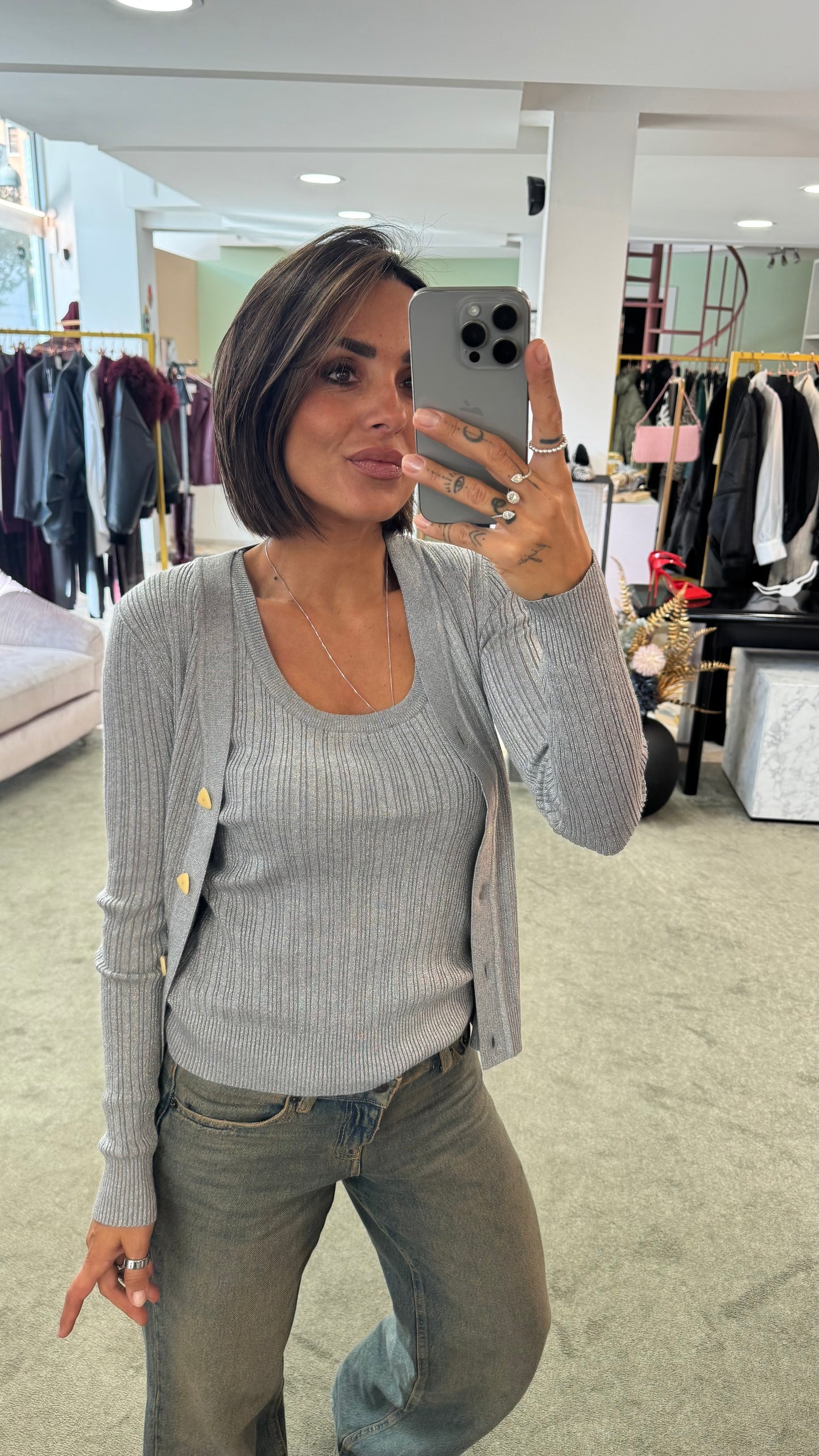 Set canotta e cardigan argento lurex a costine bj