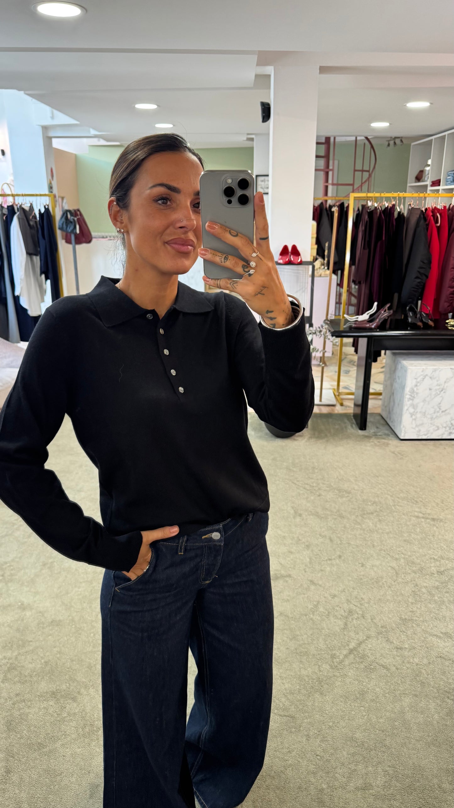 Polo nera maniche lunghe in lana sl
