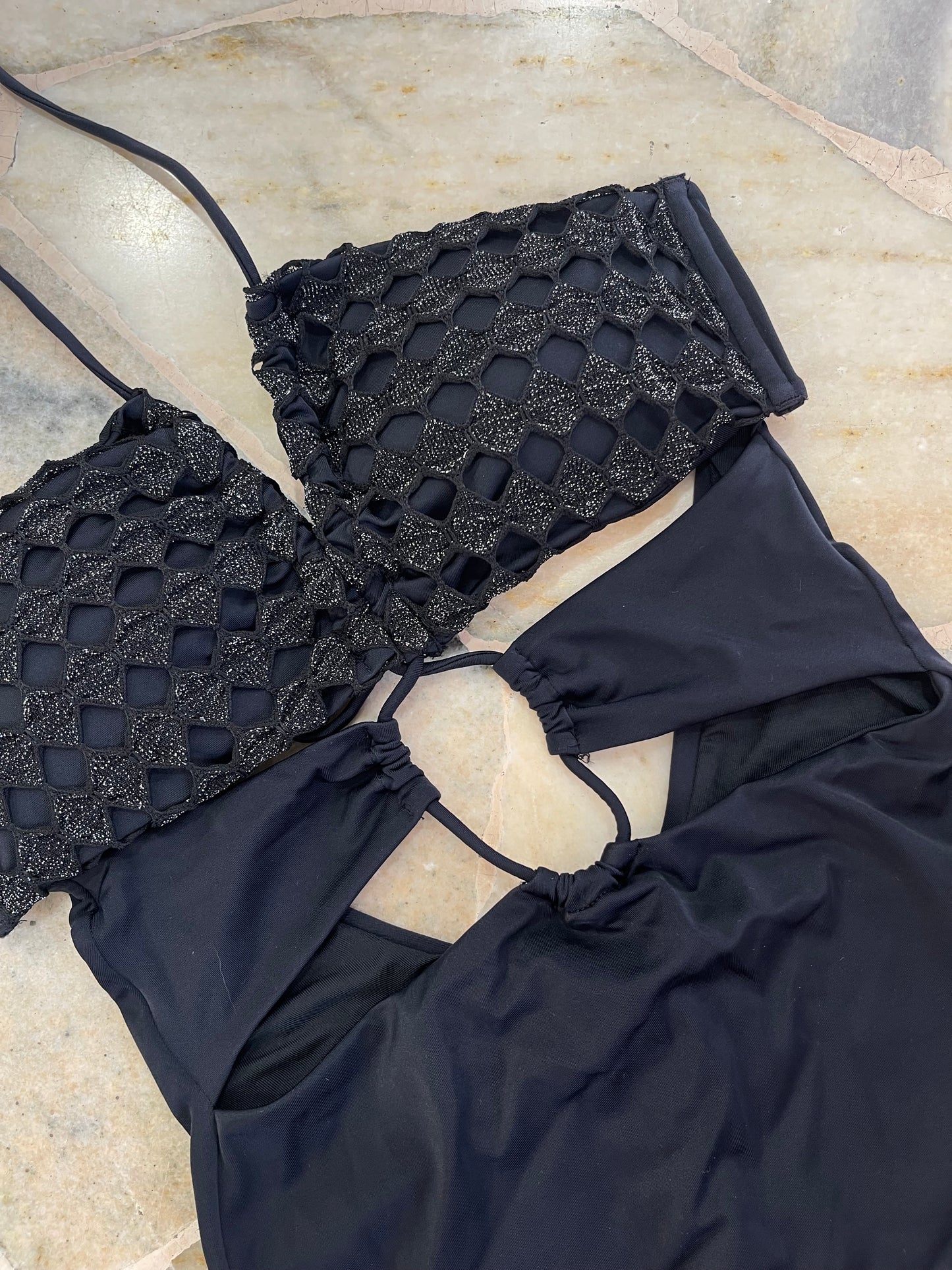 Costume intero in maglia a rete nero lurex Cotazur