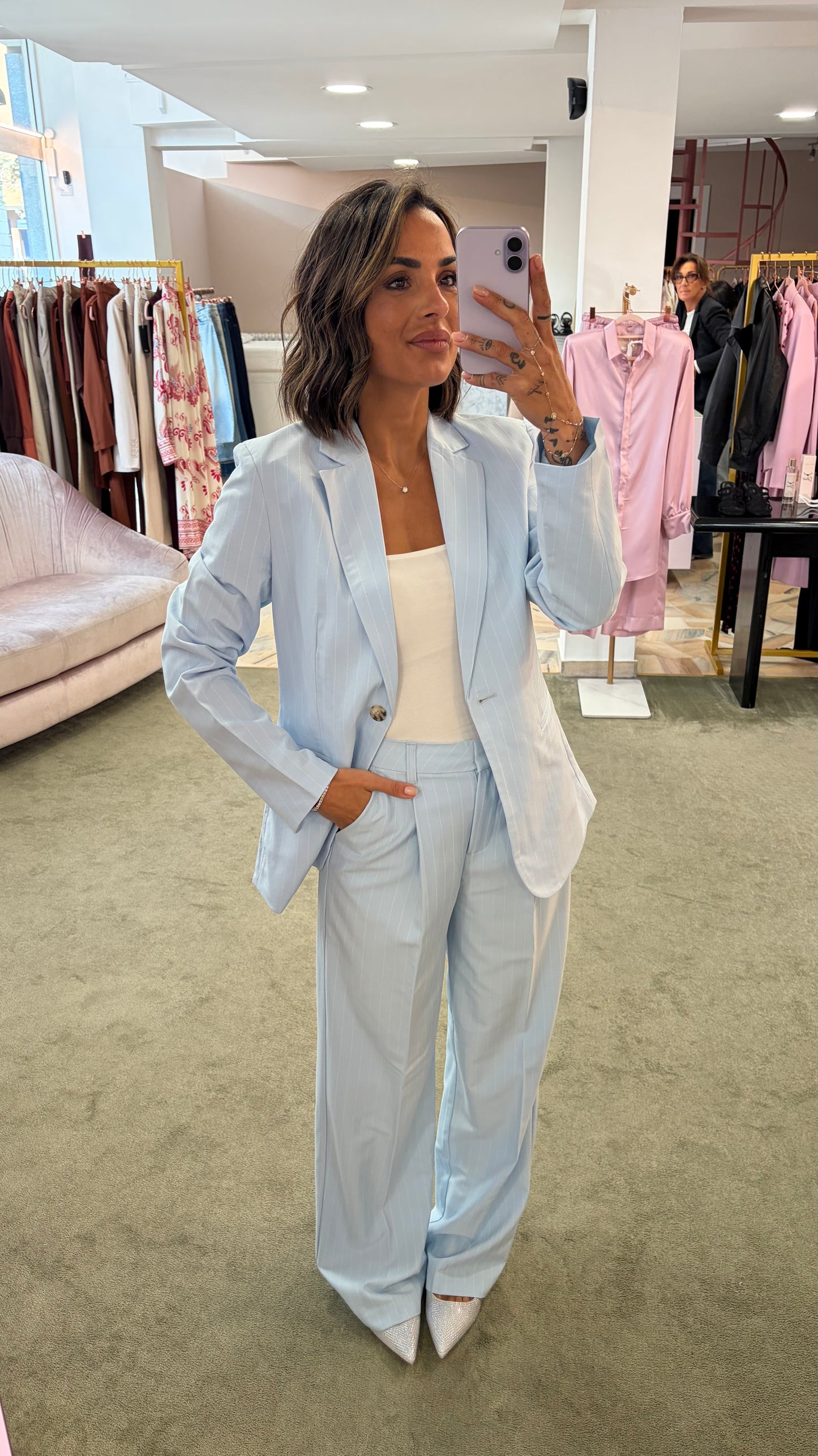 Pantaloni azzurri gessati ellis wide leg jx