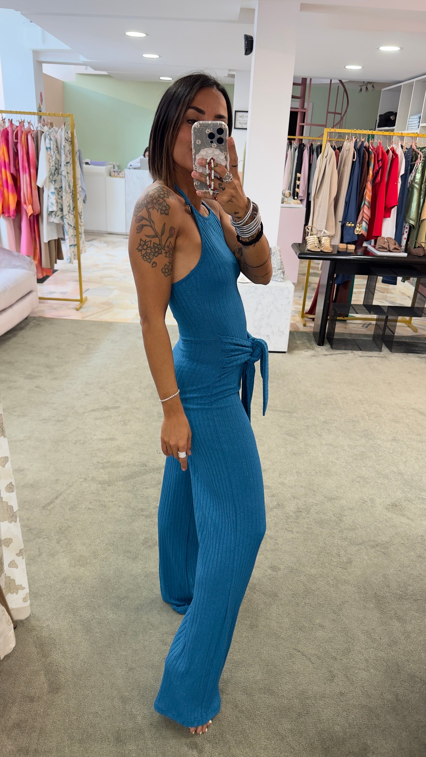 Jumpsuit turchese in maglia a costine Cotazur