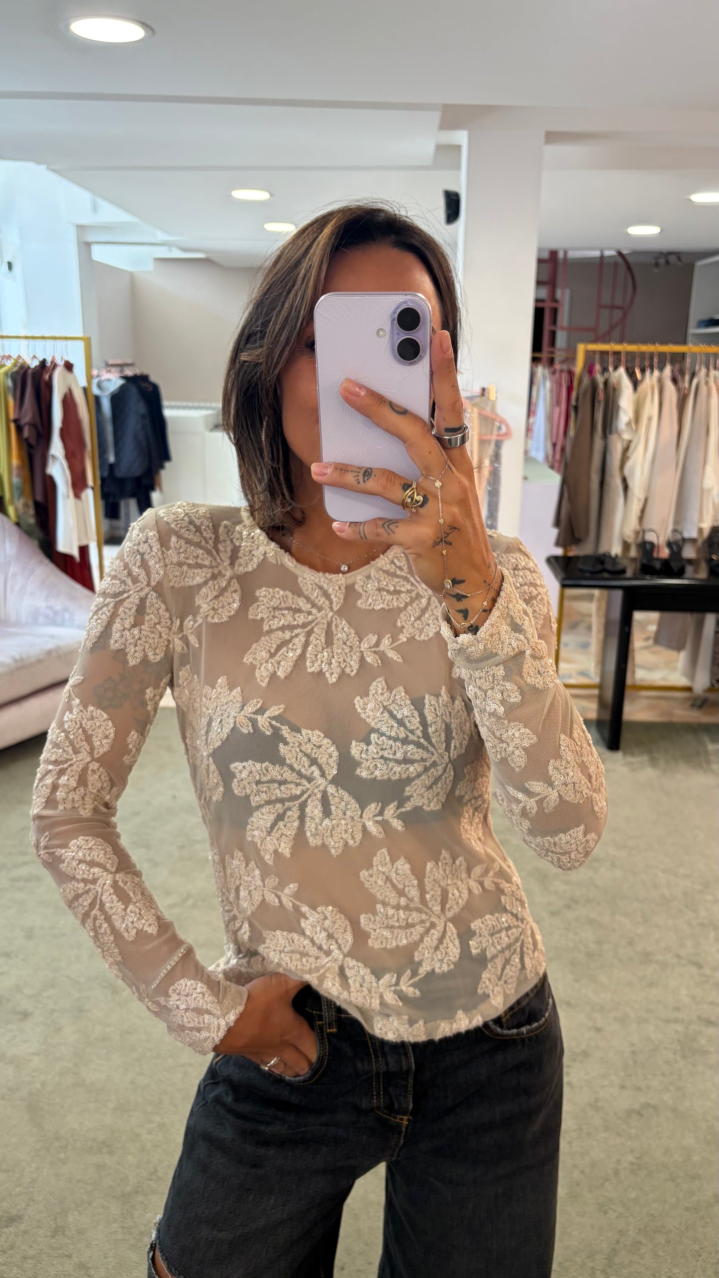 Maglia nude manica lunghe con ricami perline fr