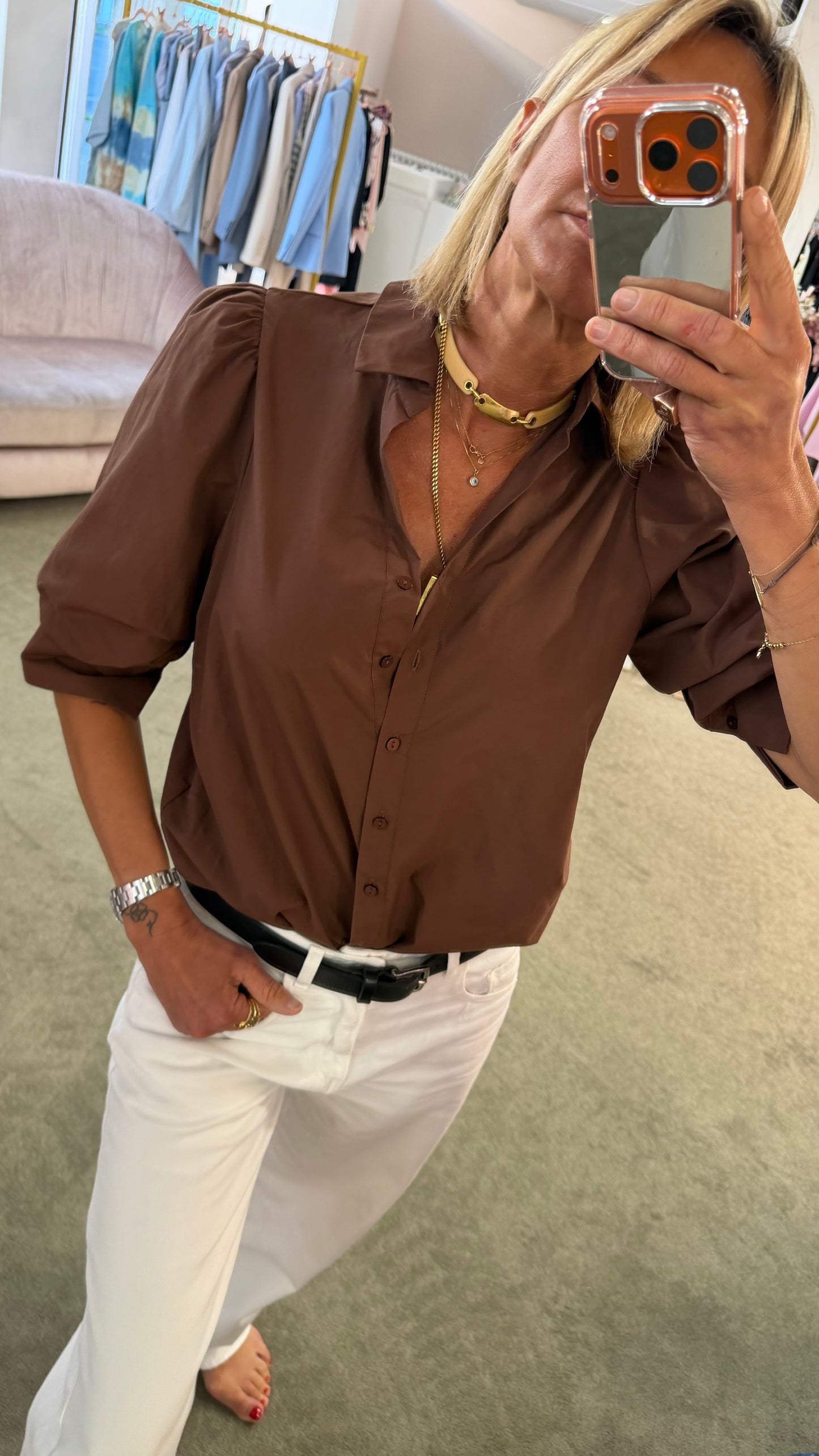 Camicia cioccolato manica a sbuffo 3/4 sy