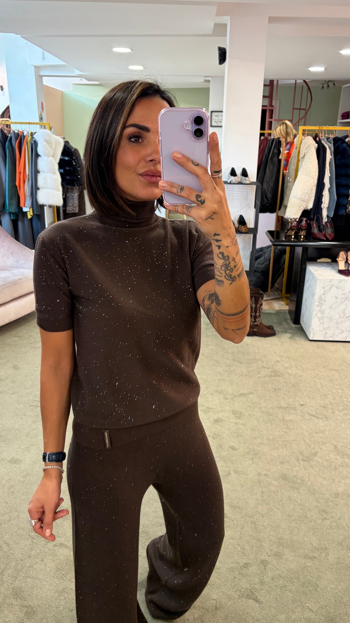 Pantaloni marroni testa di moro Hinnominate in maglia con micropaillets