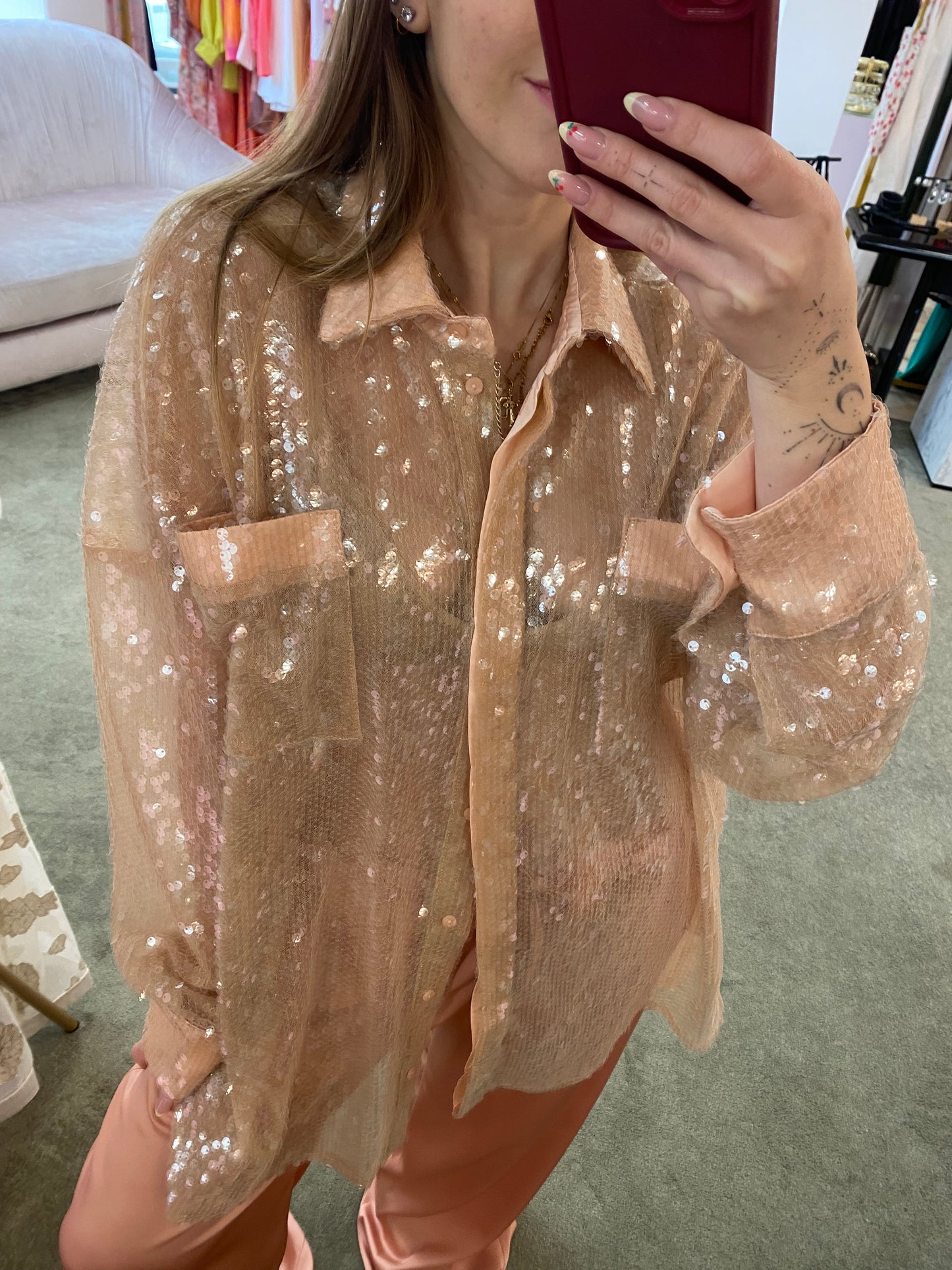 Camicia over rosa cipria con paillettes tw