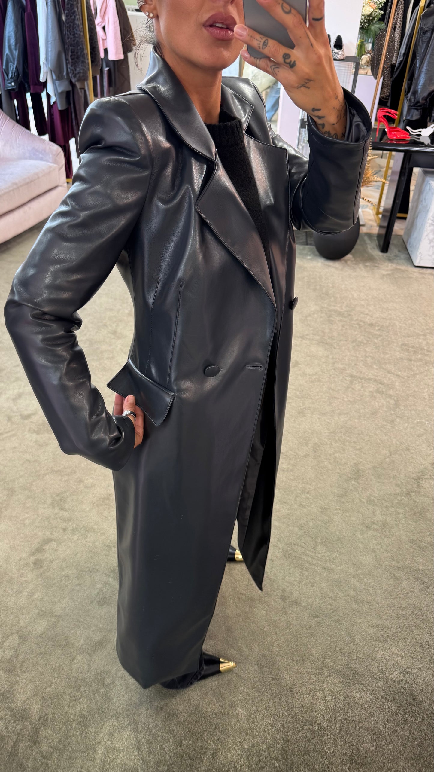 Cappotto lungo ecopelle grigio antracite ks