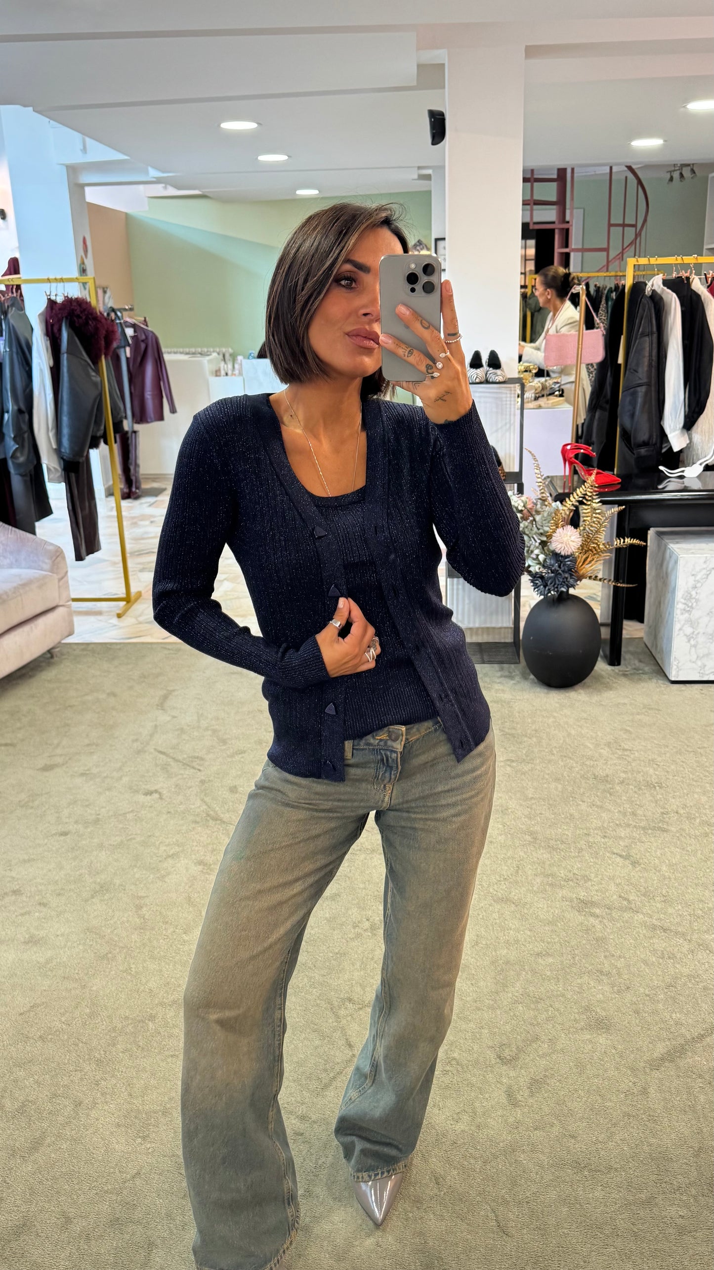 Set canotta e cardigan blu notte lurex a costine bj