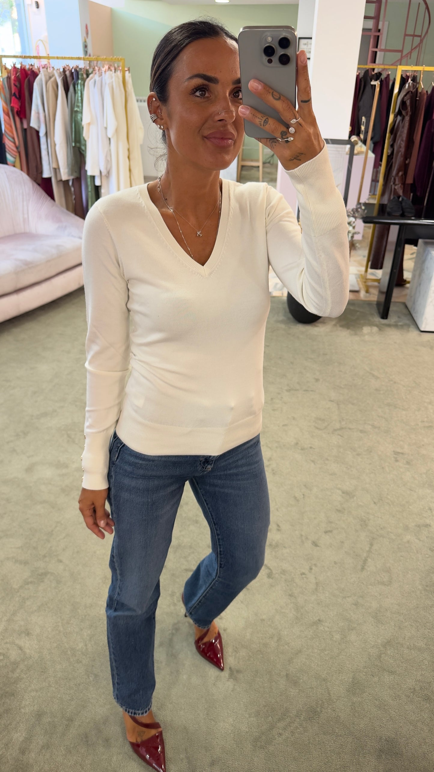 Maglione panna scollo a v in viscosa fr