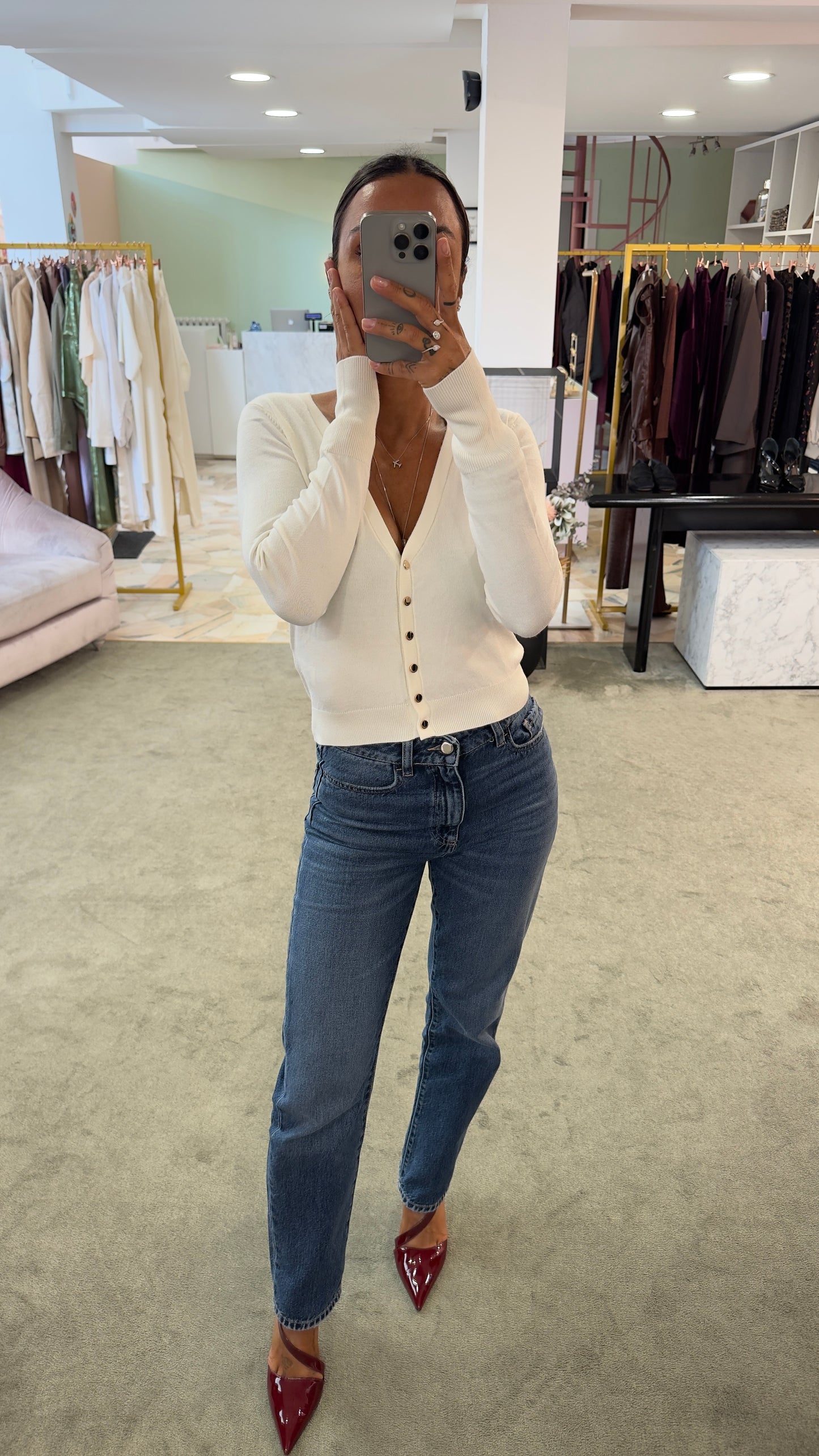 Cardigan crop panna con bottoncini oro fr