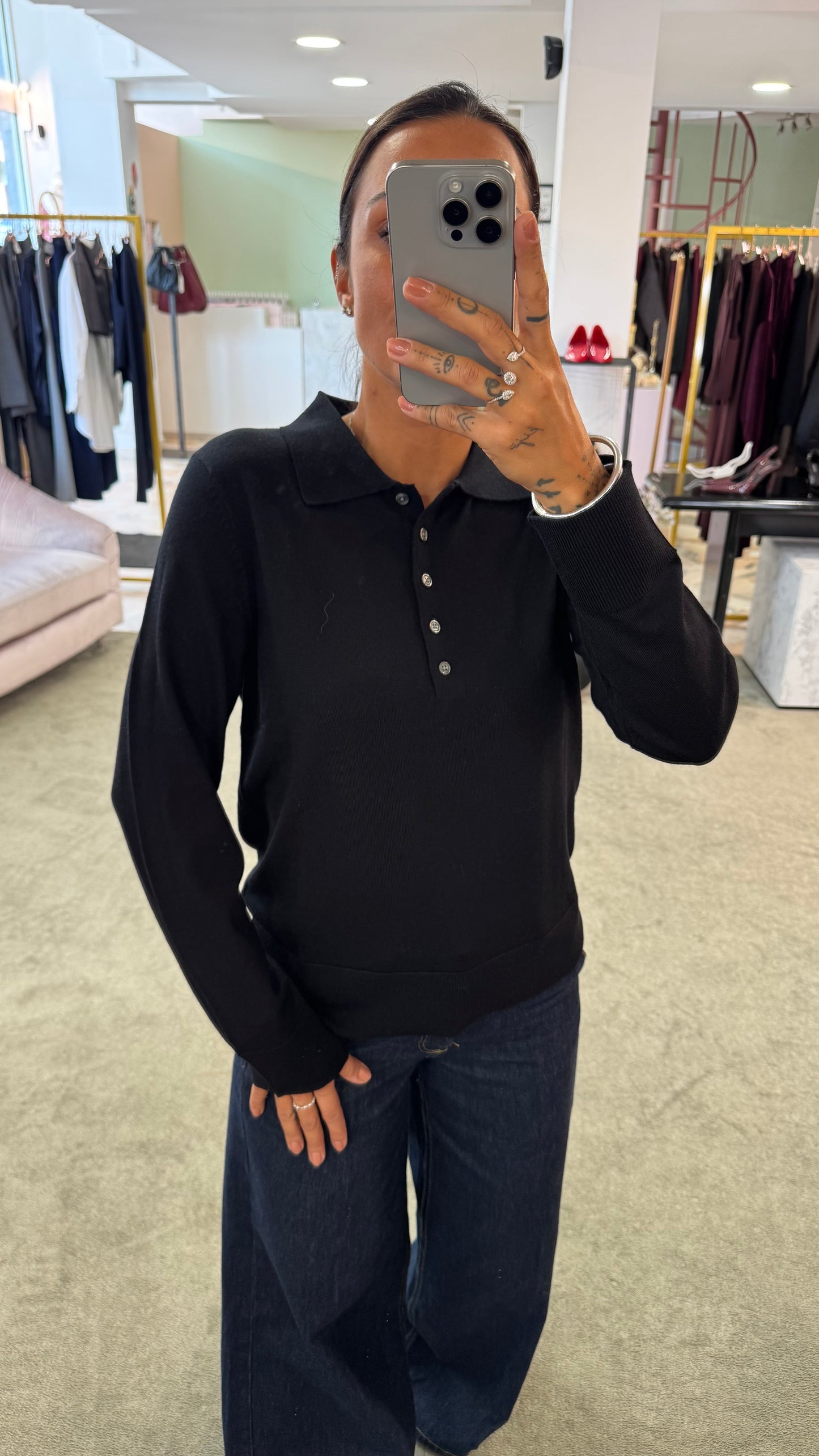 Polo nera maniche lunghe in lana sl