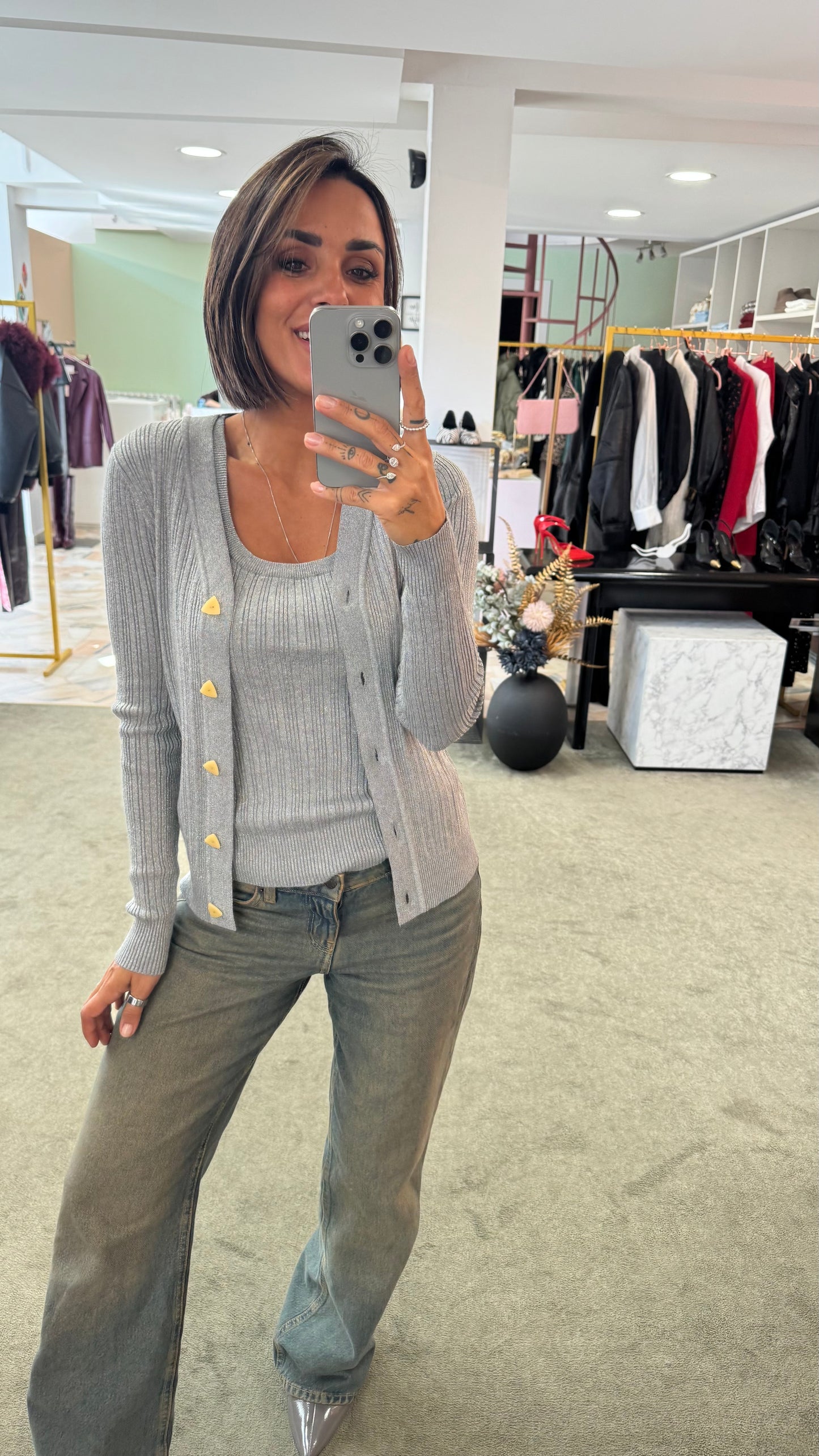 Set canotta e cardigan argento lurex a costine bj