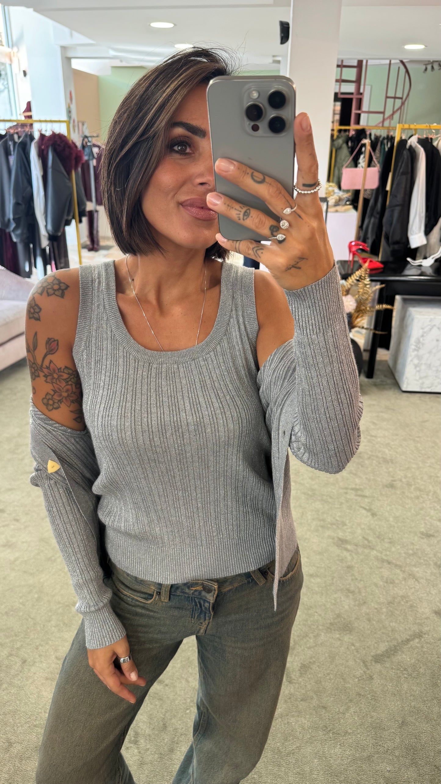 Set canotta e cardigan argento lurex a costine bj