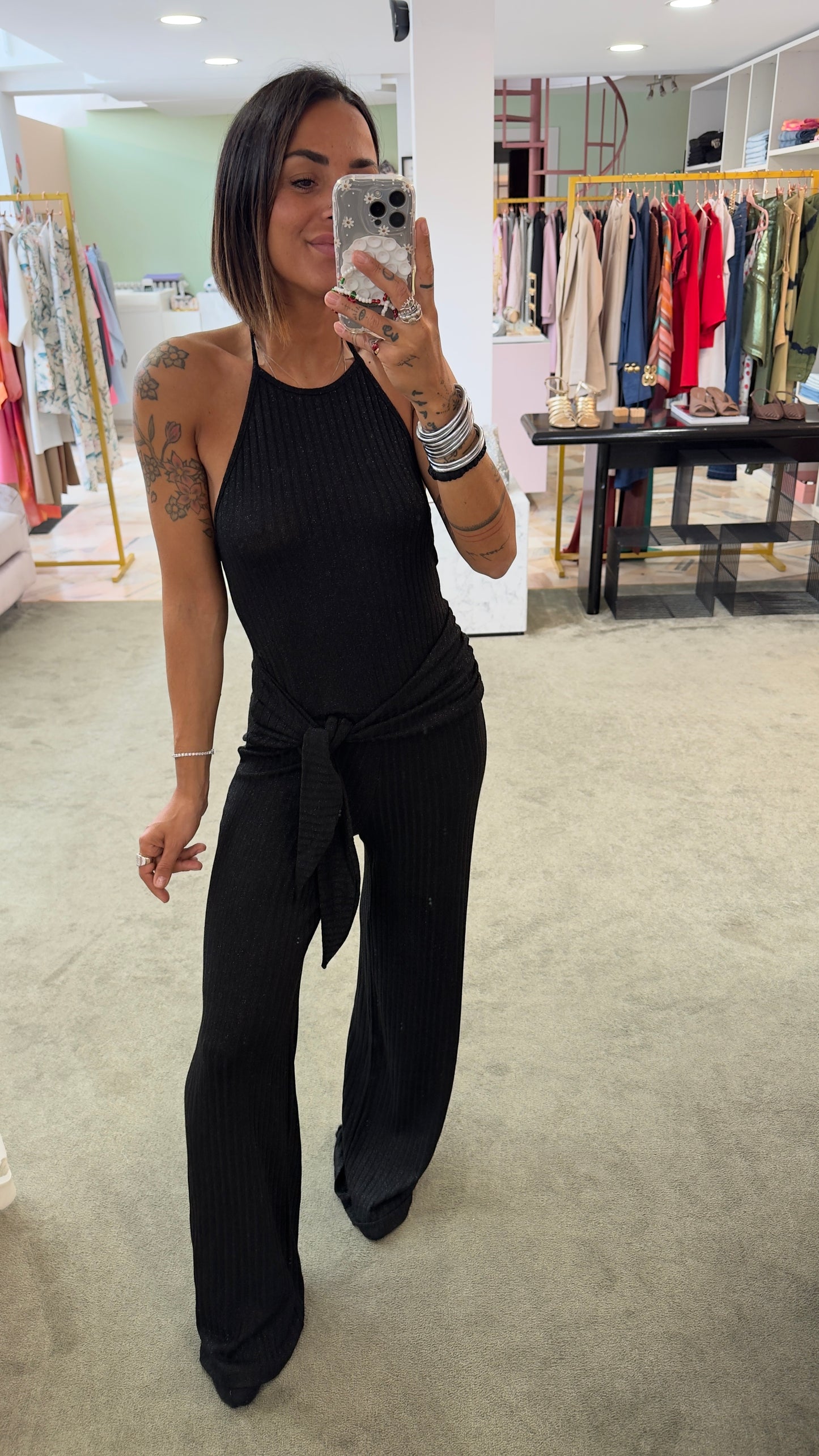 Jumpsuit nera in maglia a costine Cotazur