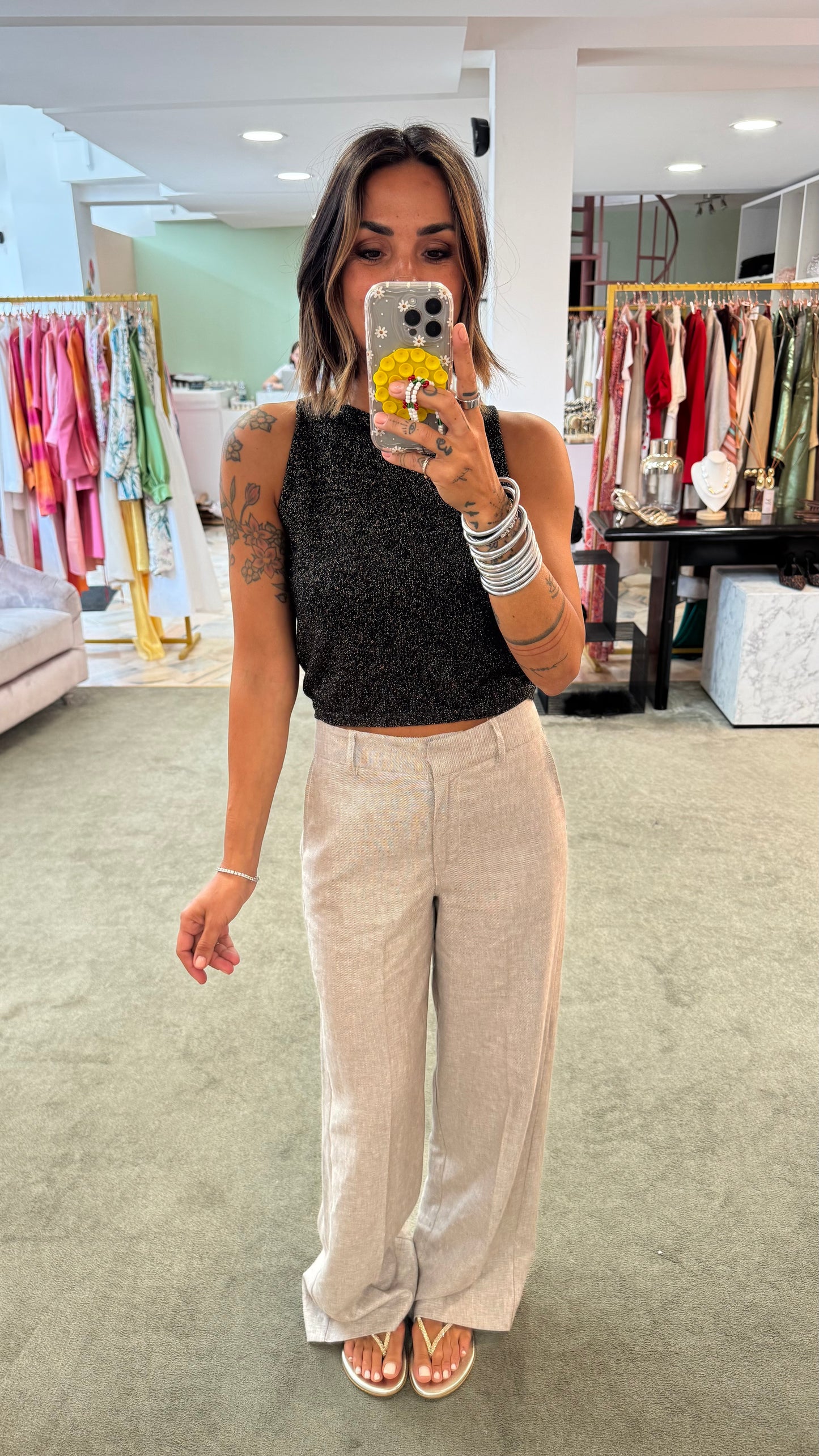 Pantaloni beige melange dritti in lino sl