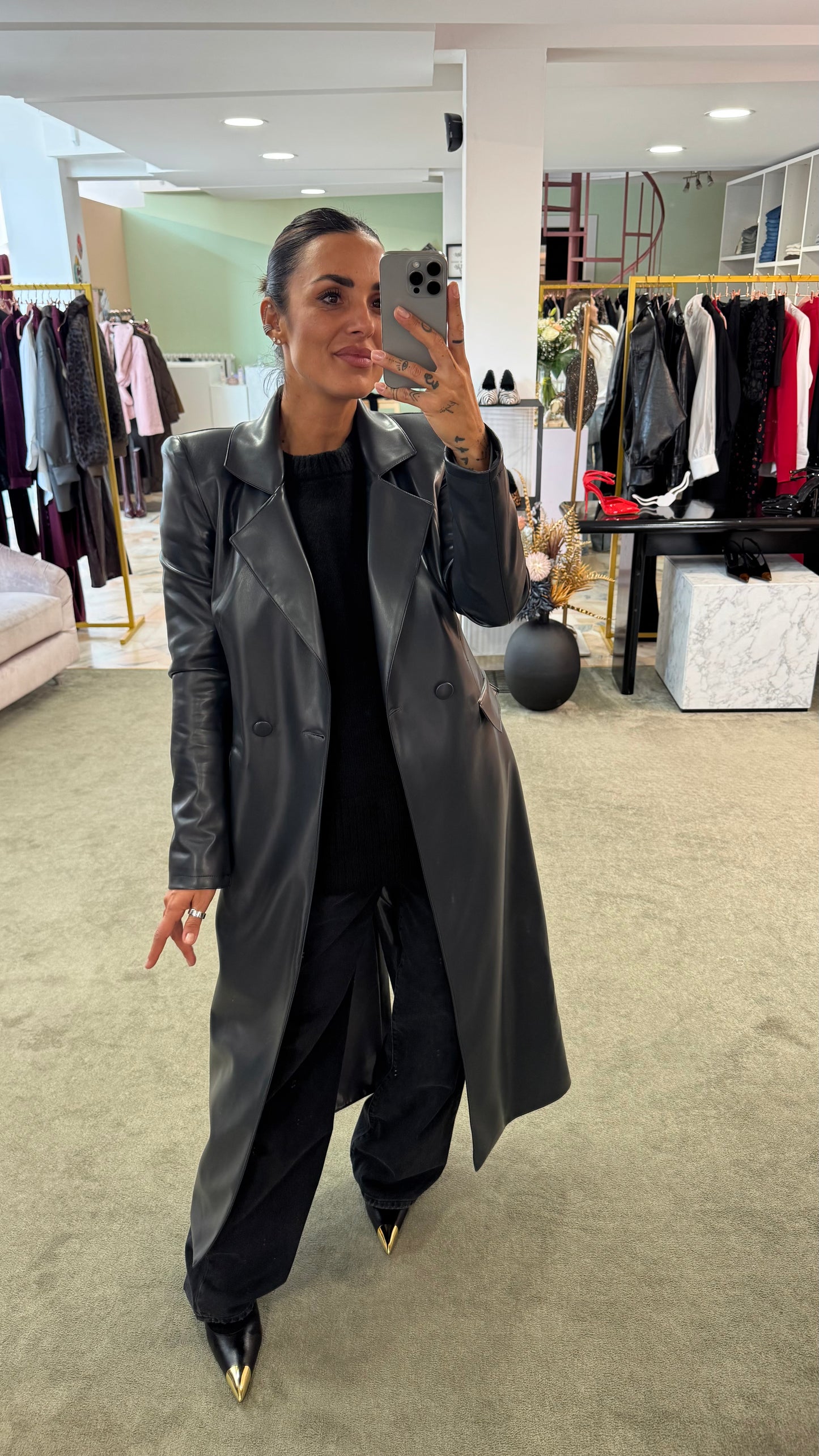 Cappotto lungo ecopelle grigio antracite ks