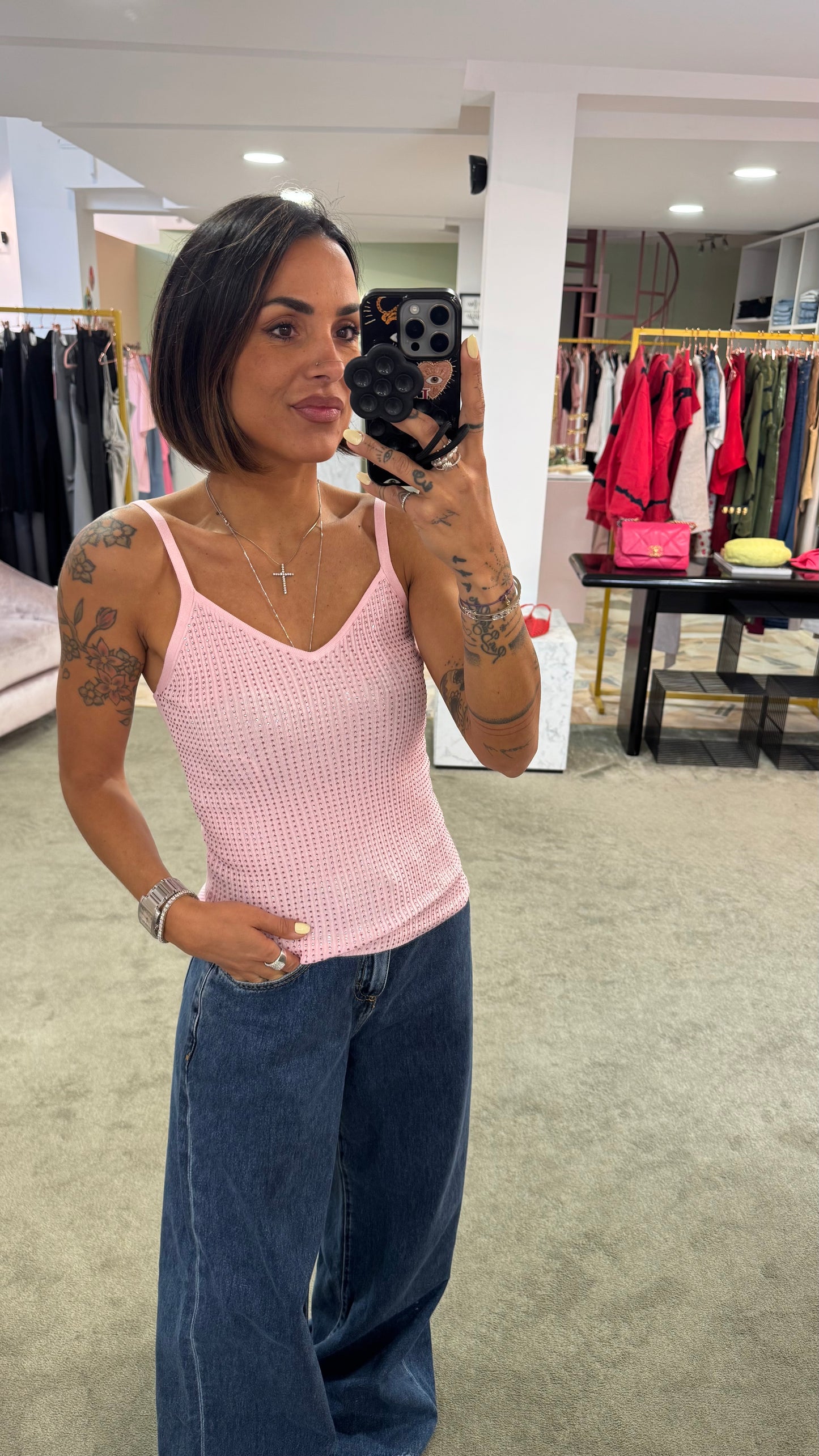Canotta in maglia viscosa rosa spallina fine con cristalli fr