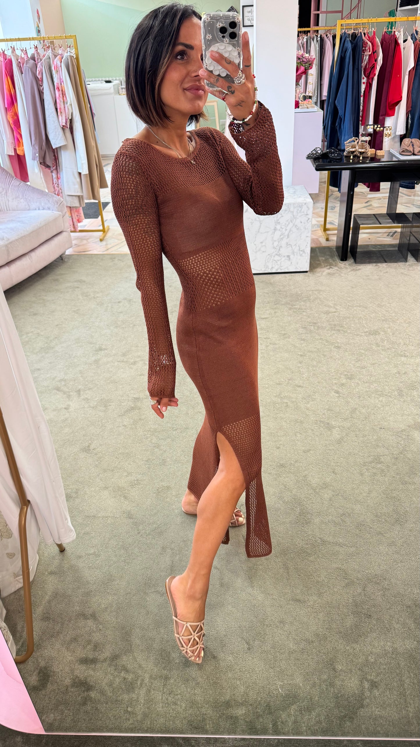 Abito lungo marrone lurex traforato fr