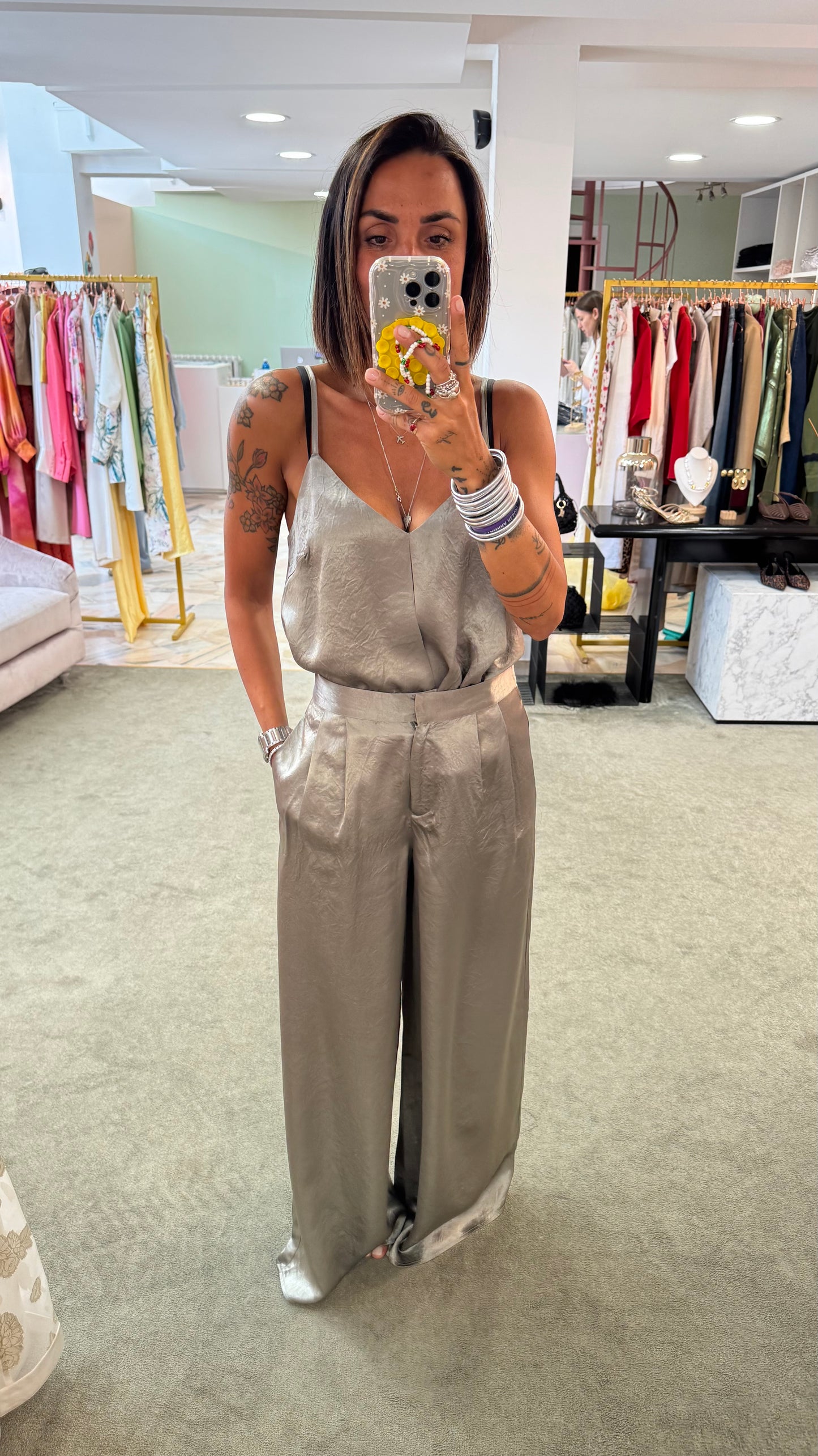 Pantaloni verde militare in satin wide leg sl