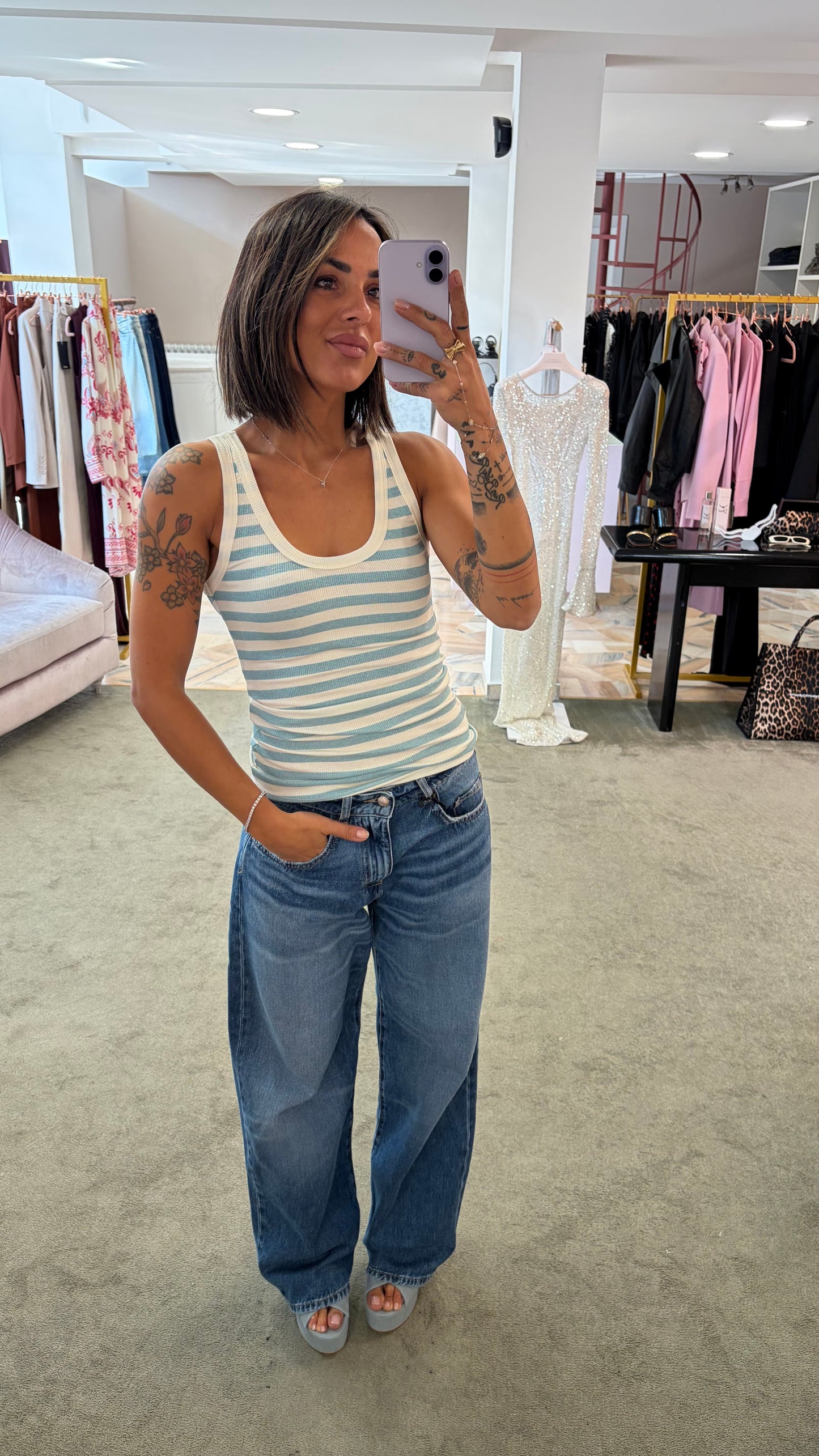 Canotta bianca e azzurra a righe lurex ks