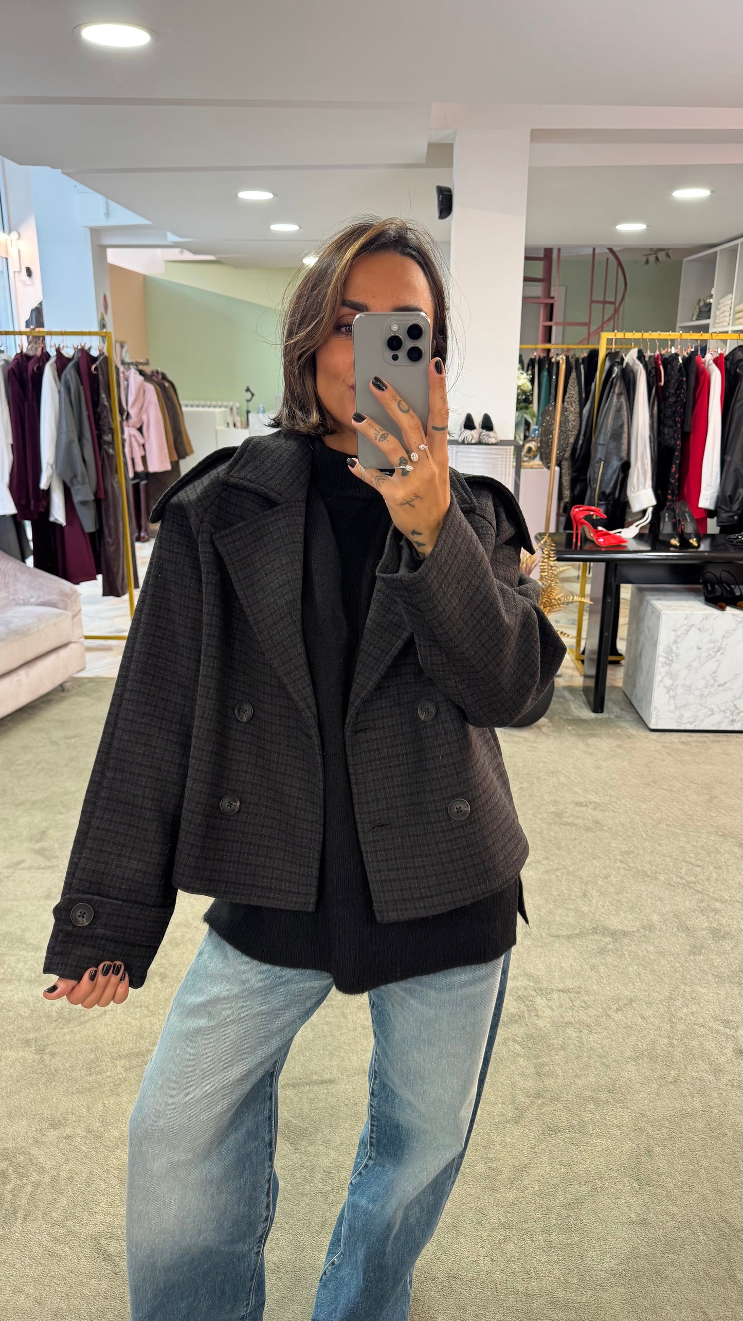 Cappotto caban tartan grigio e marrone corto jx
