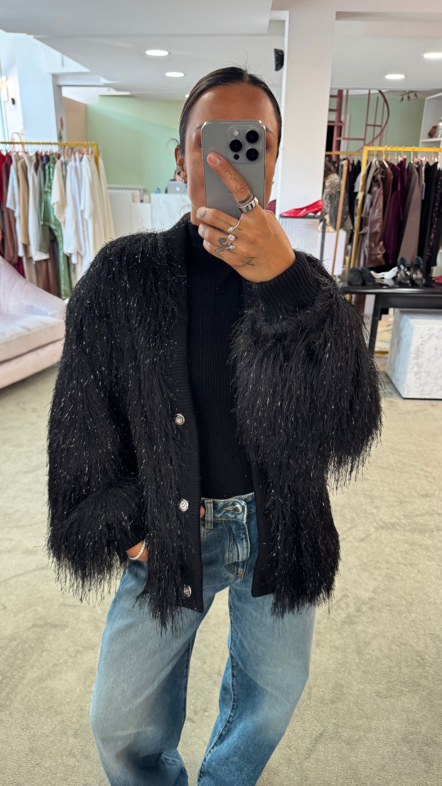 Cardigan bomber nero piume Actualee