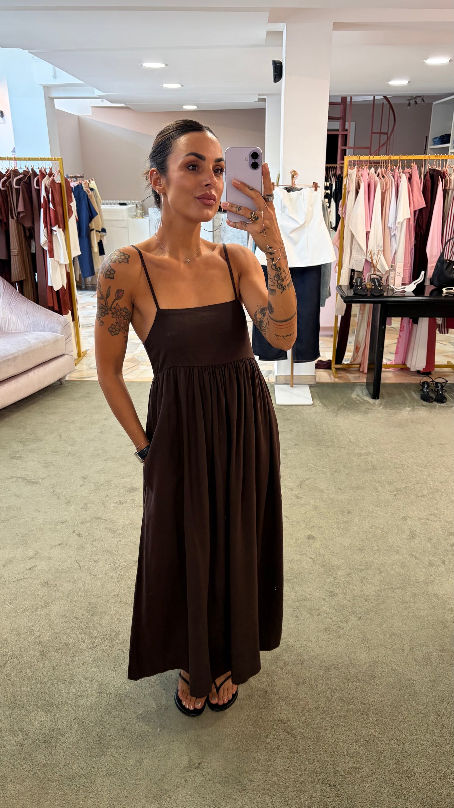 Abito midi marrone in viscosa e lino jx
