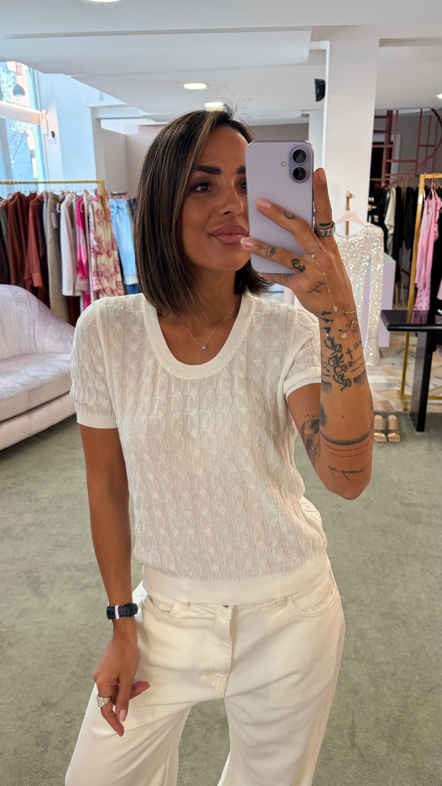 Maglia bianca manica corta a trecce crystal fr