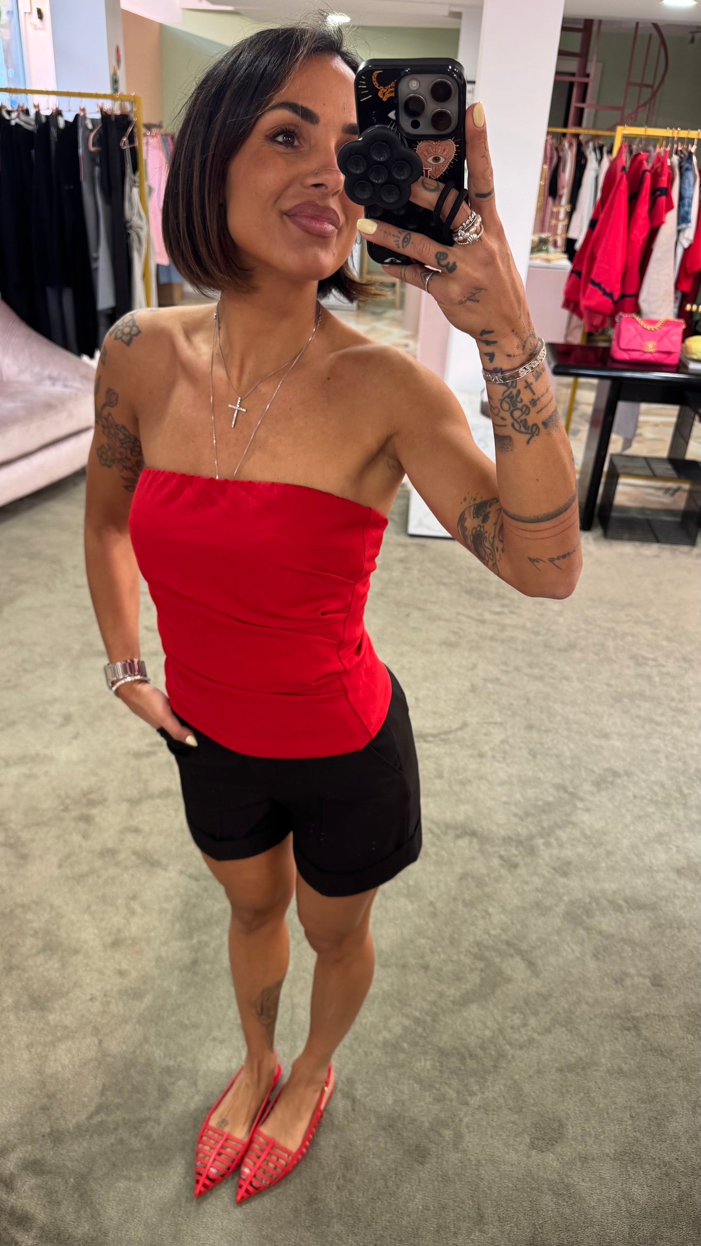 Top fascia rosso con arricciatura tessuto classico