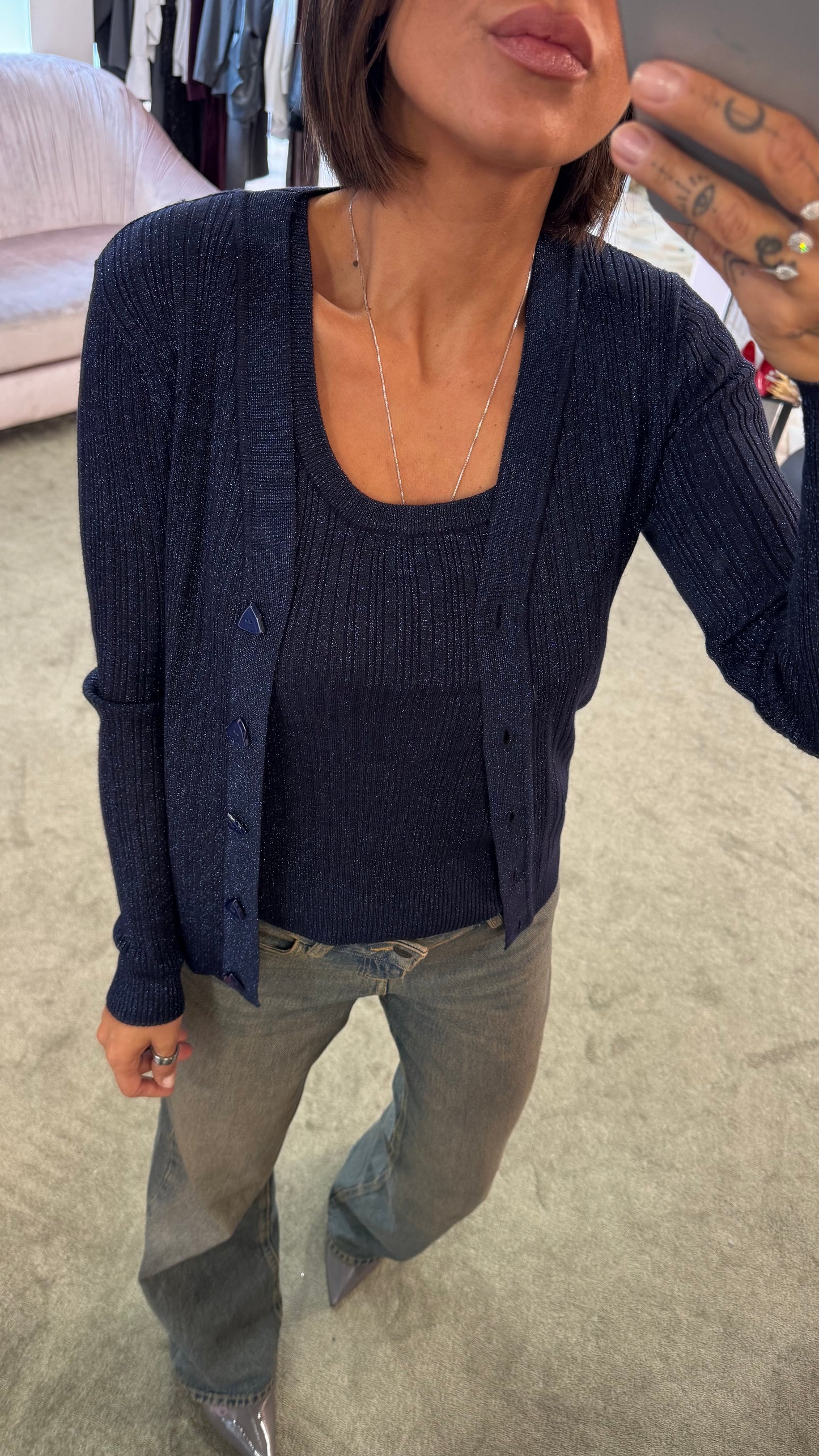 Set canotta e cardigan blu notte lurex a costine bj