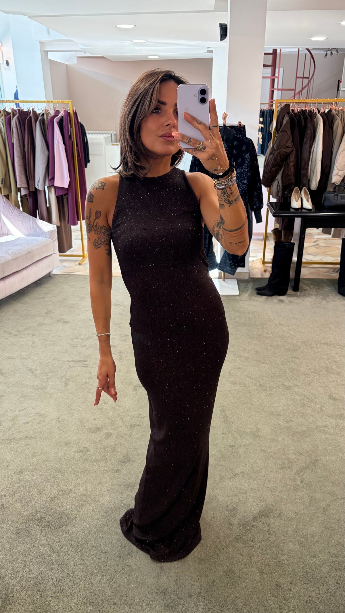 Abito lungo marrone lurex scollo all'americana ks