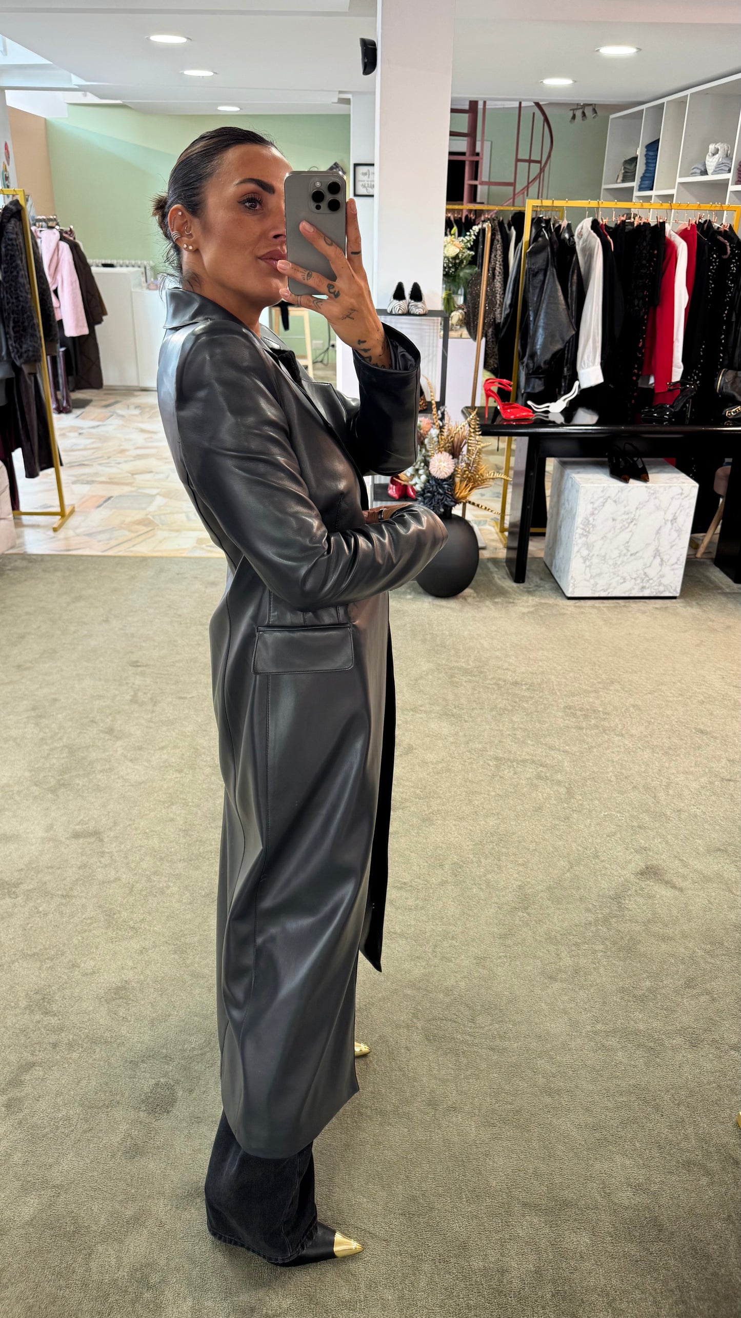 Cappotto lungo ecopelle grigio antracite ks