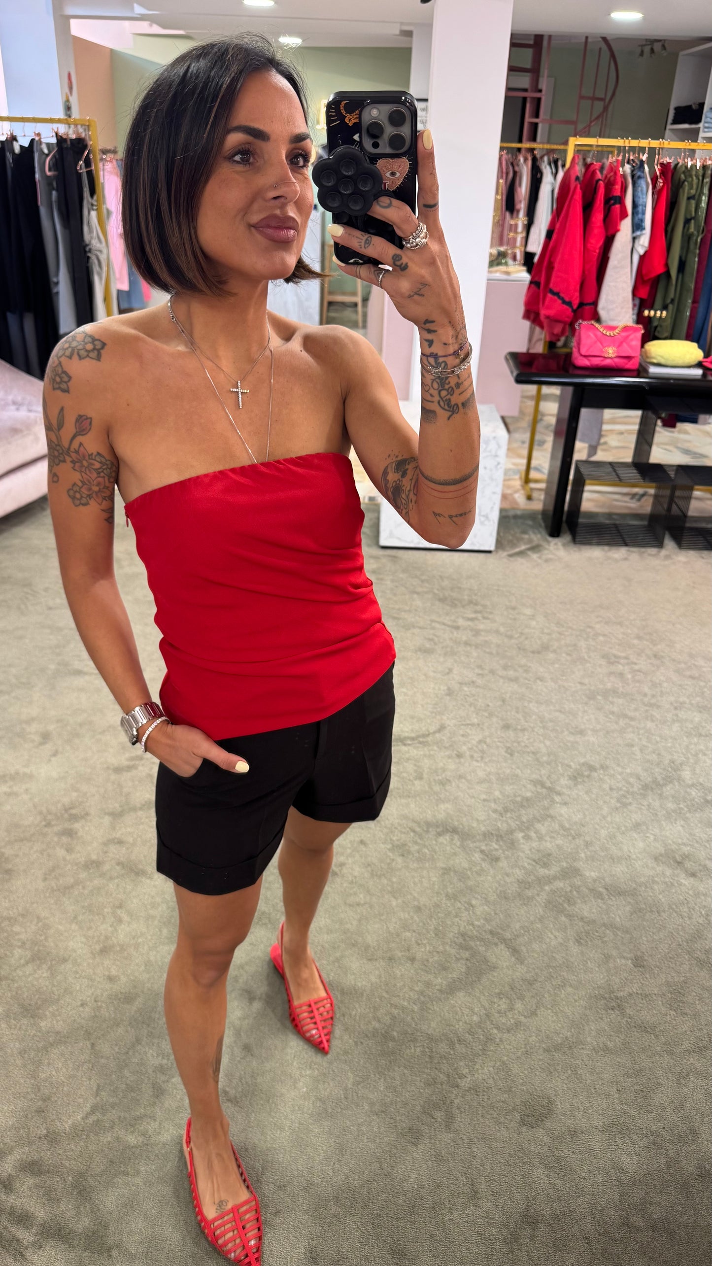 Top fascia rosso con arricciatura tessuto classico