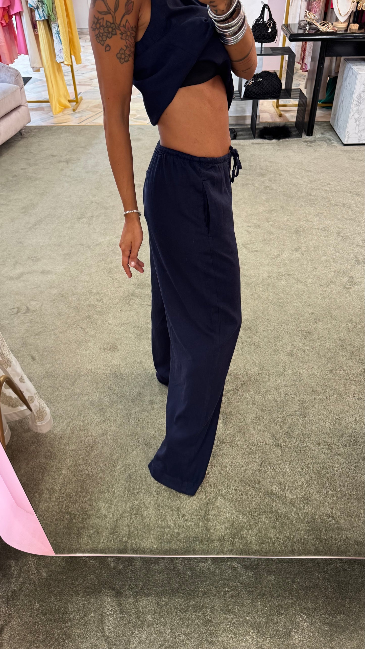 Pantaloni blu notte in lino con coulisse jx