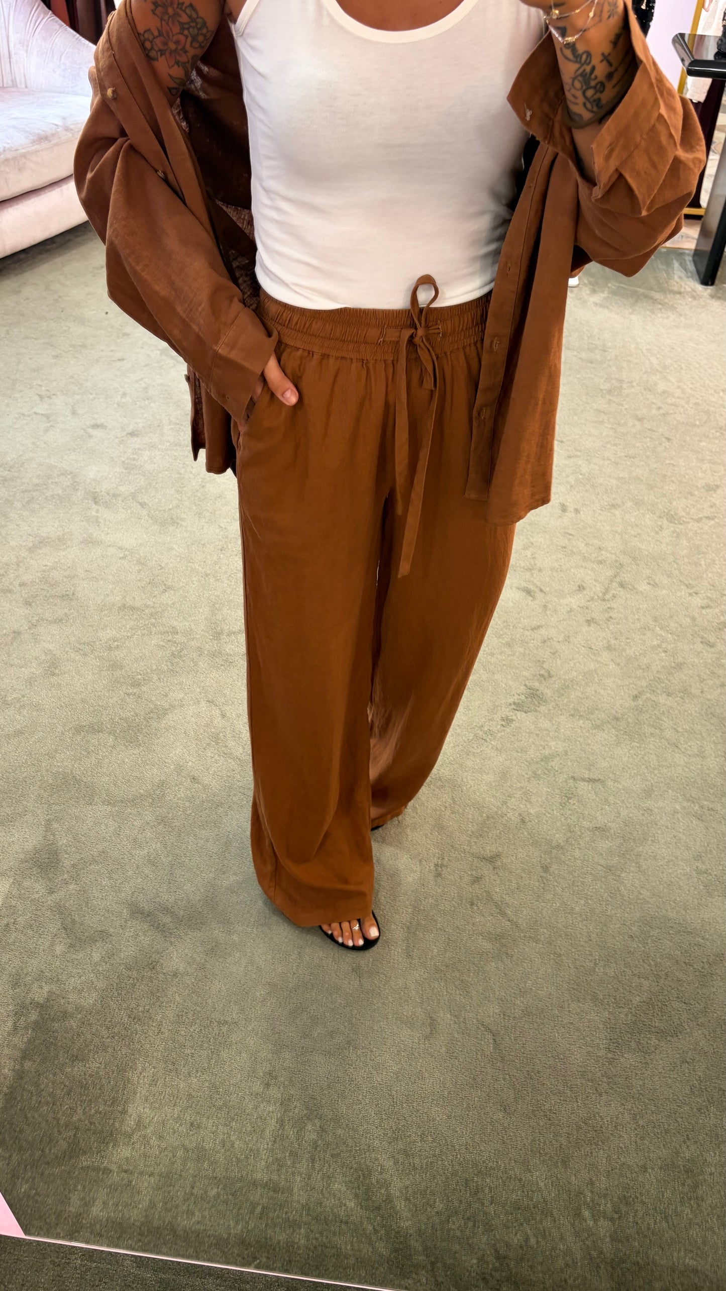 Pantaloni mattone in lino con elastico e coulisse in vita sy