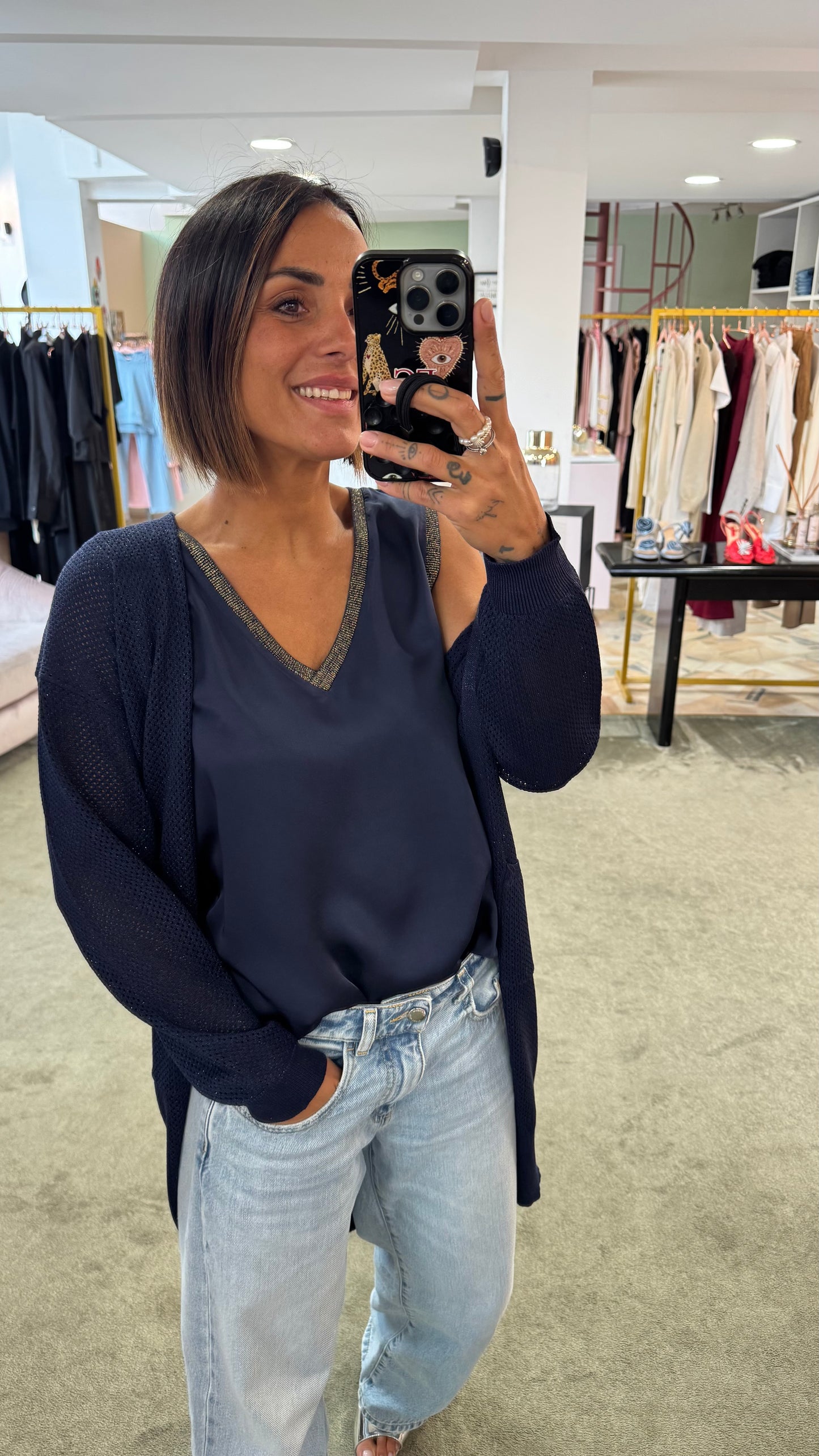 Cardigan lungo blu con tasche in lamè fr