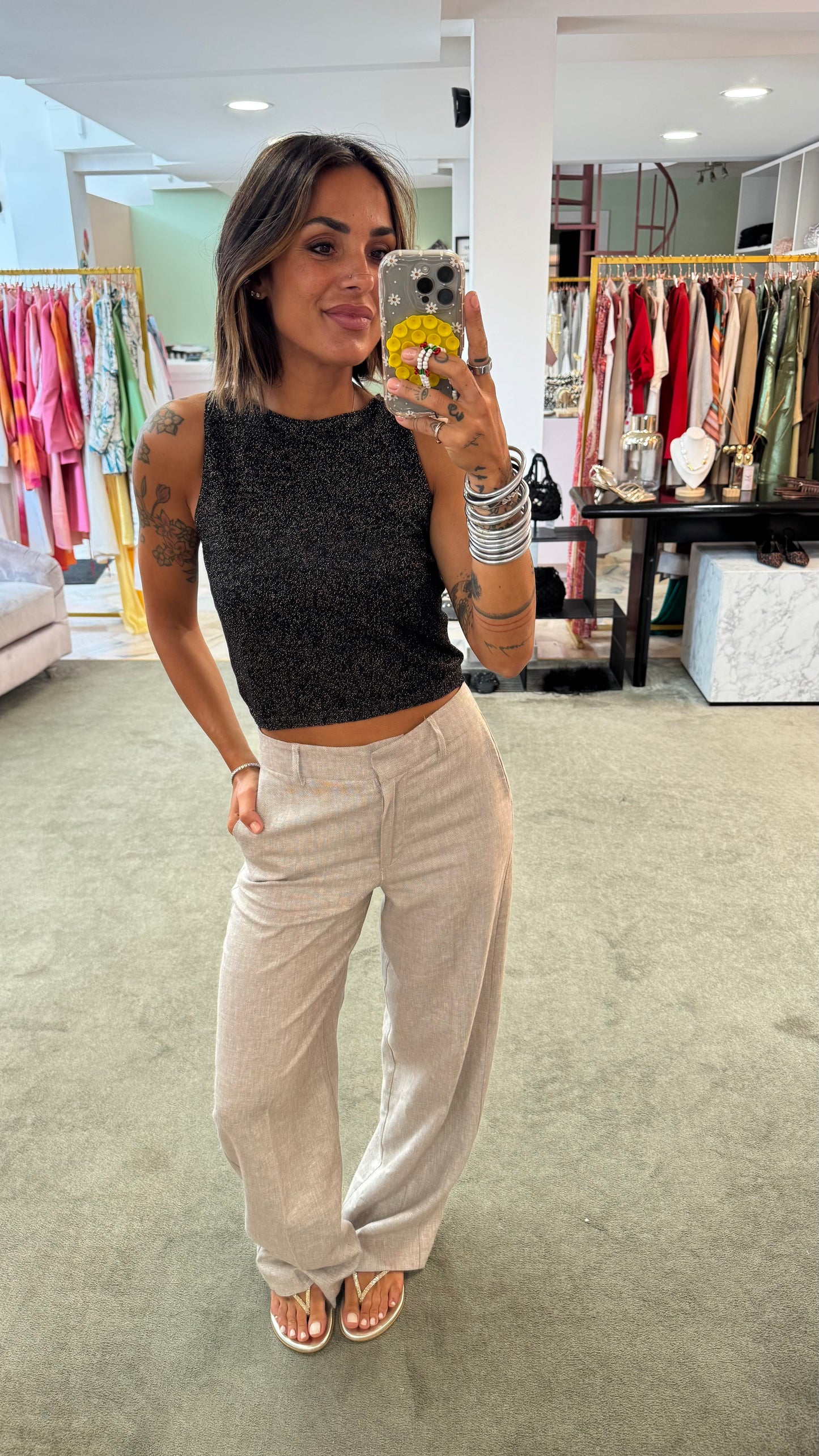 Pantaloni beige melange dritti in lino sl