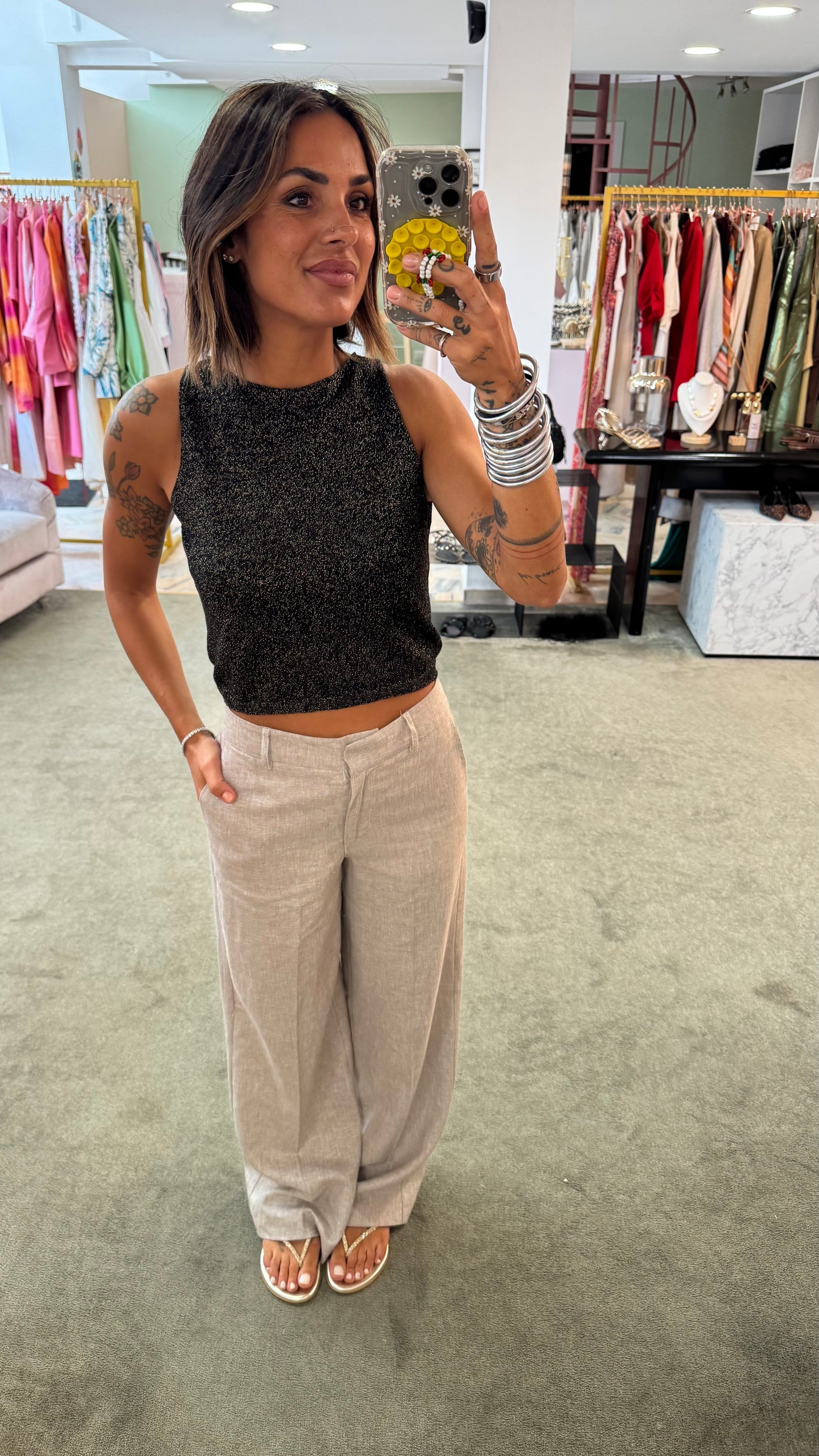 Pantaloni beige melange dritti in lino sl