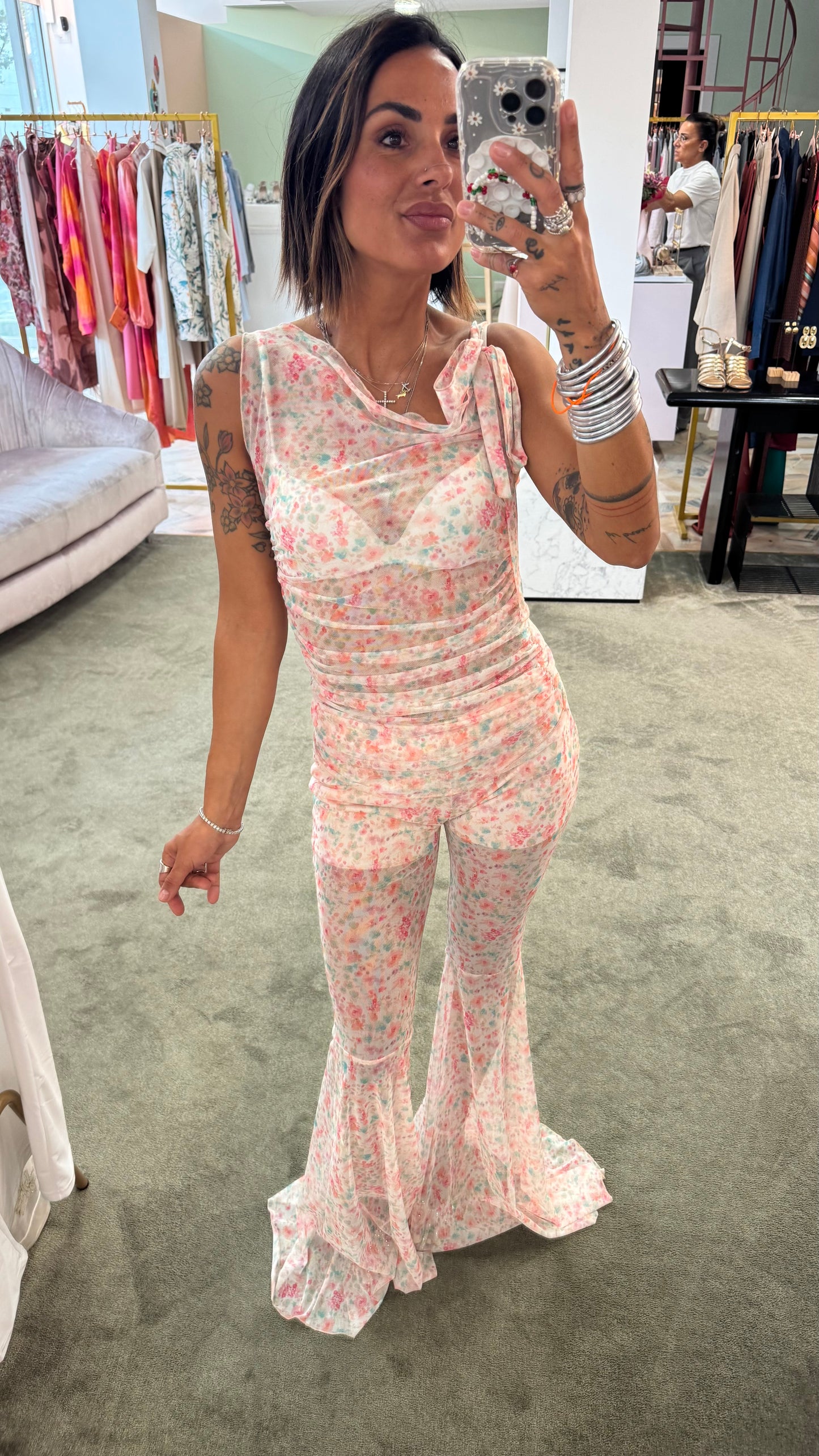 Completo canotta e pantalone in tulle a fiori ks