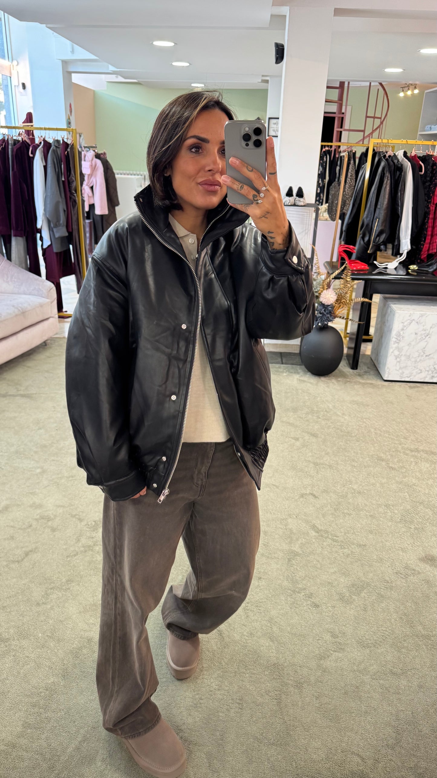 Bomber aviator nero imbottito in ecopelle gl