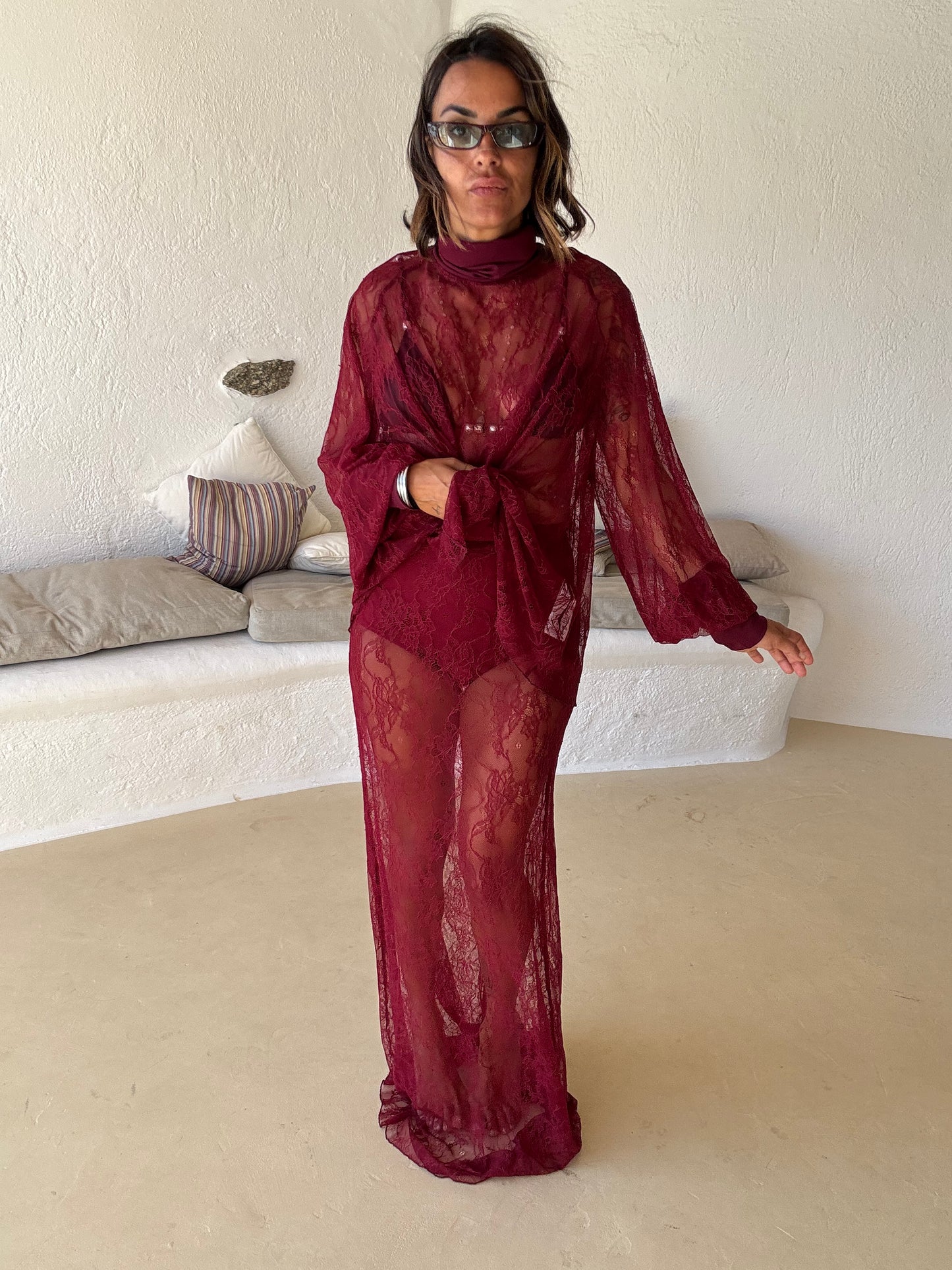 Gonna lunga bordeaux in pizzo con culotte ks